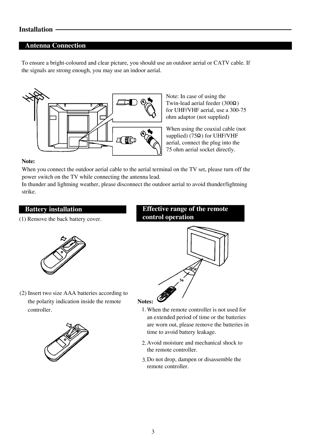 Palsonic 5110PF owner manual Antenna Connection, Battery installation, Effective range of the remote control operation 