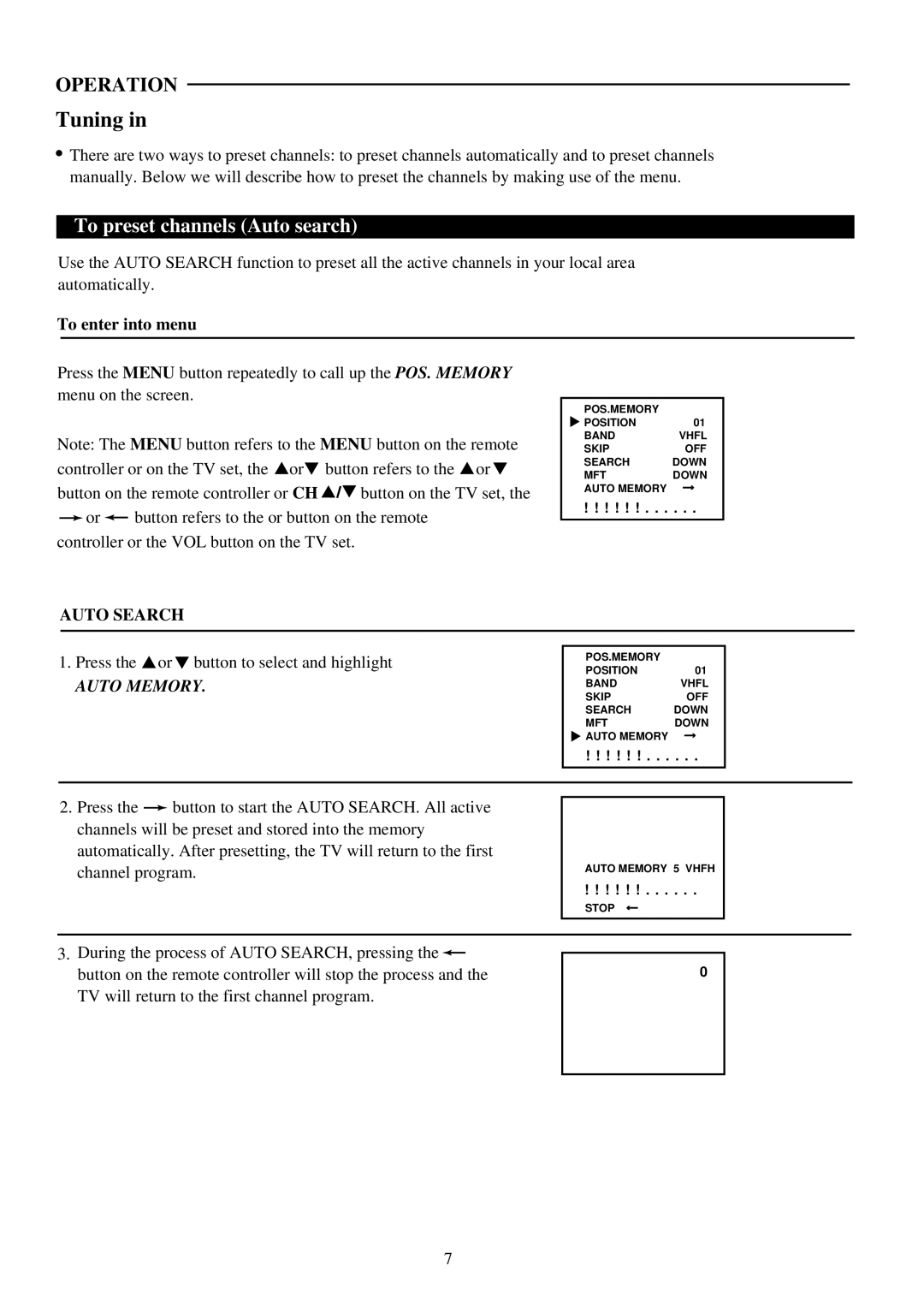 Palsonic 5110PF owner manual Tuning, To preset channels Auto search 