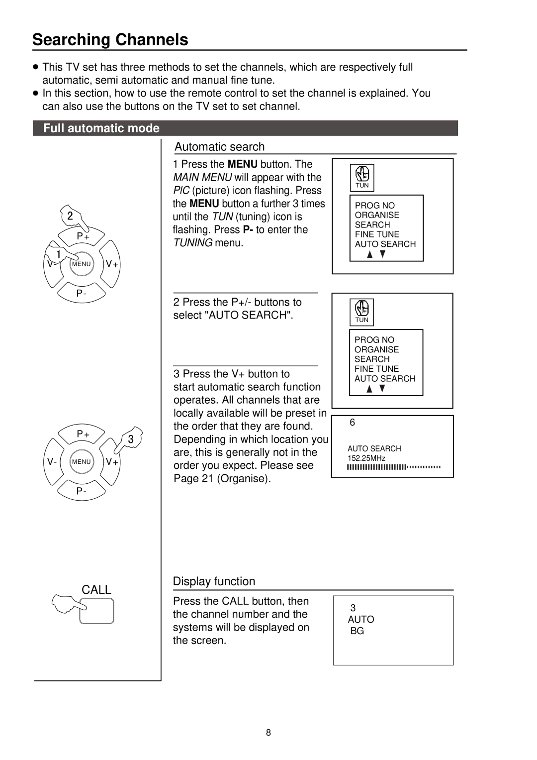 Palsonic 5115DVD user manual Searching Channels, Full automatic mode, Automatic search, Display function 