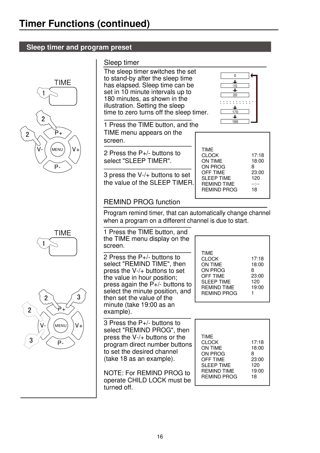 Palsonic 5115DVD user manual Timer Functions, Sleep timer and program preset, Remind Prog function 