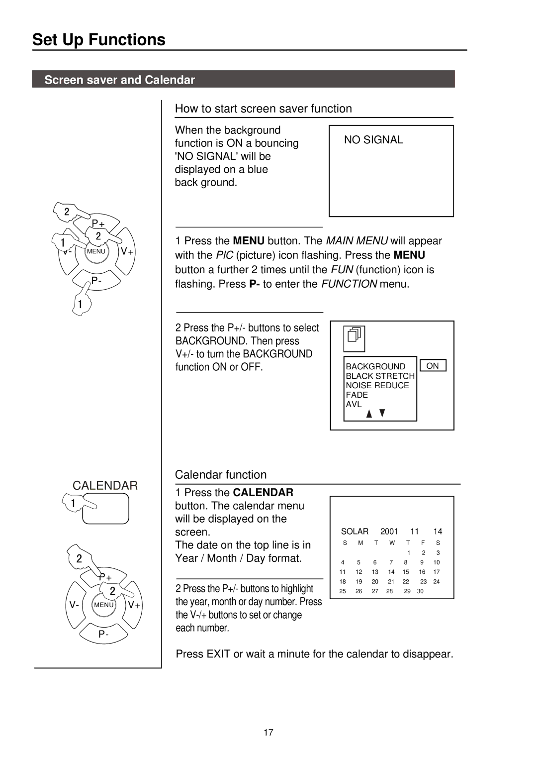 Palsonic 5115DVD Set Up Functions, Screen saver and Calendar, How to start screen saver function, Calendar function 