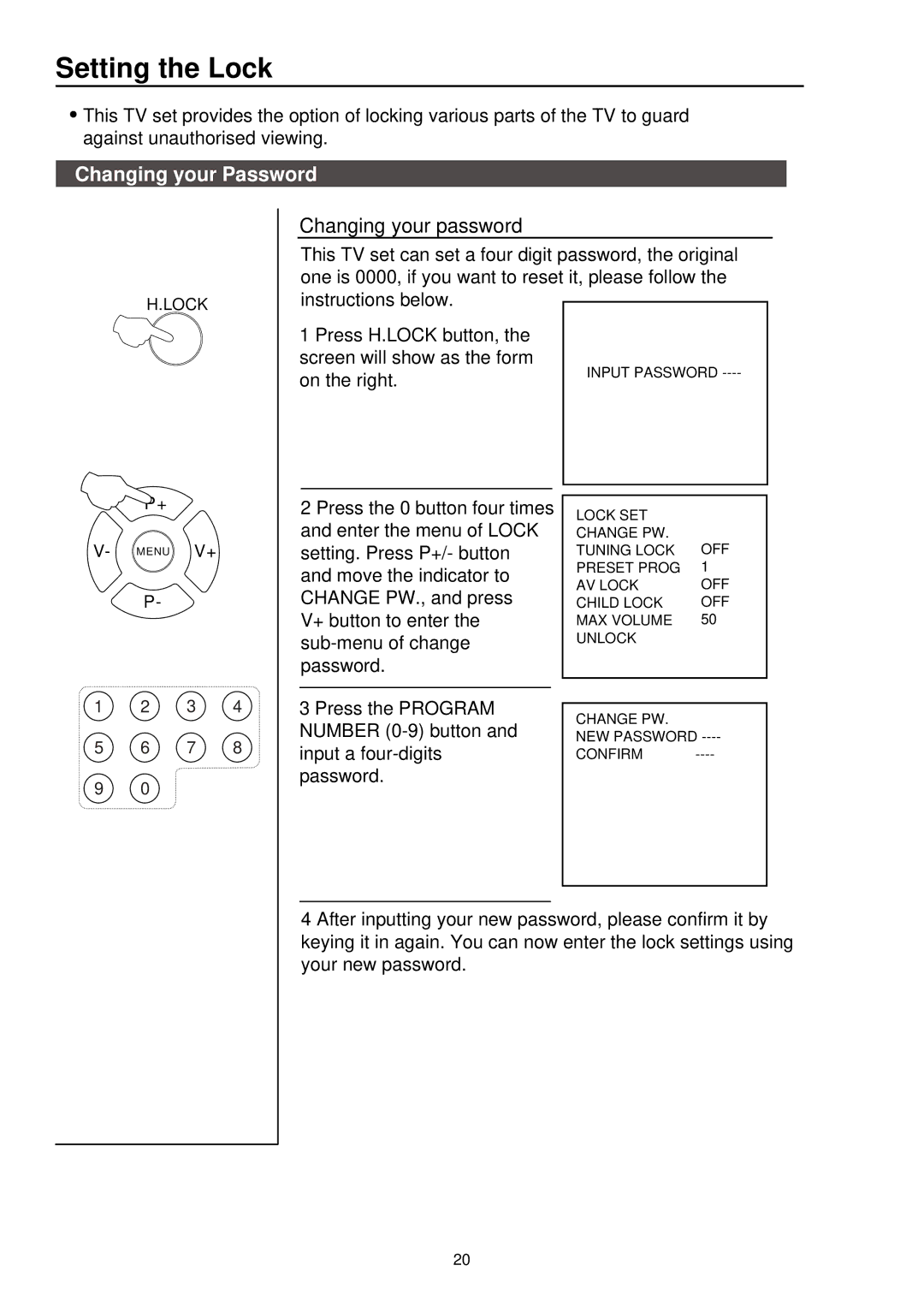 Palsonic 5115DVD user manual Setting the Lock, Changing your Password, Changing your password 