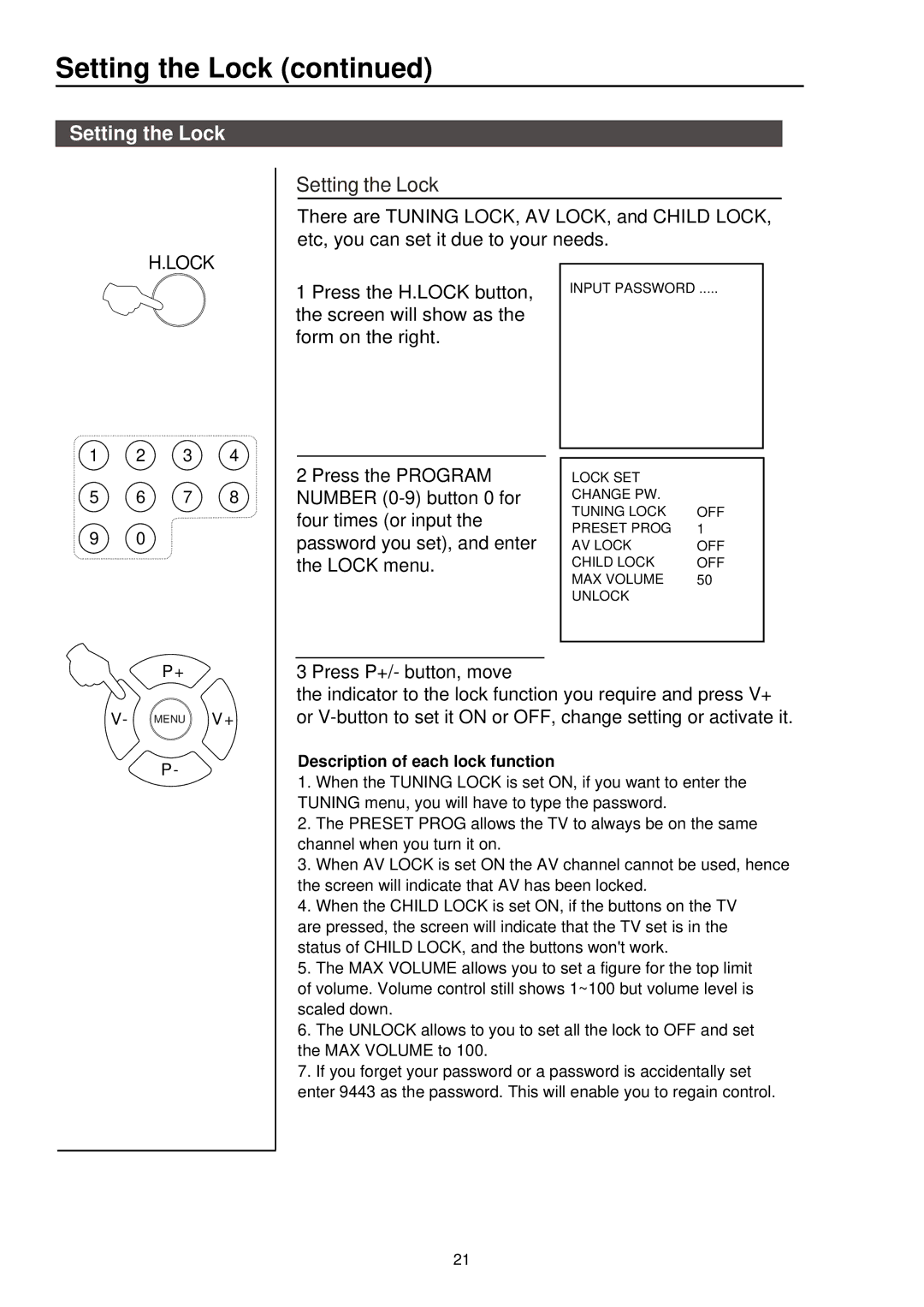 Palsonic 5115DVD user manual Setting the Lock 