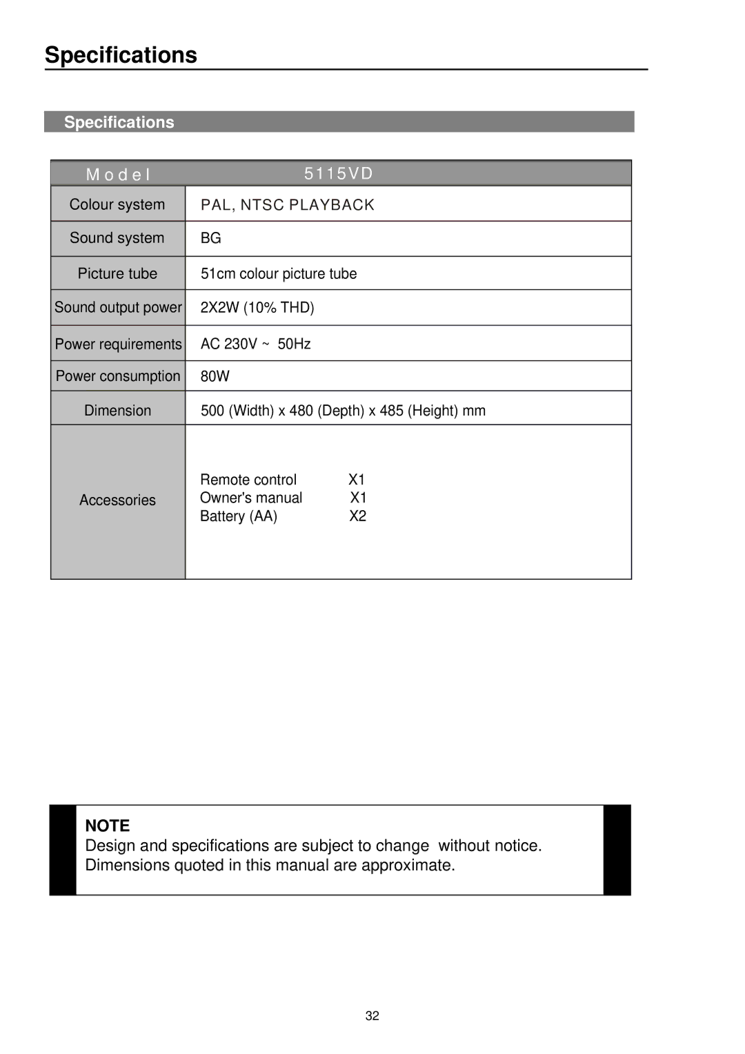 Palsonic 5115DVD user manual Specifications 