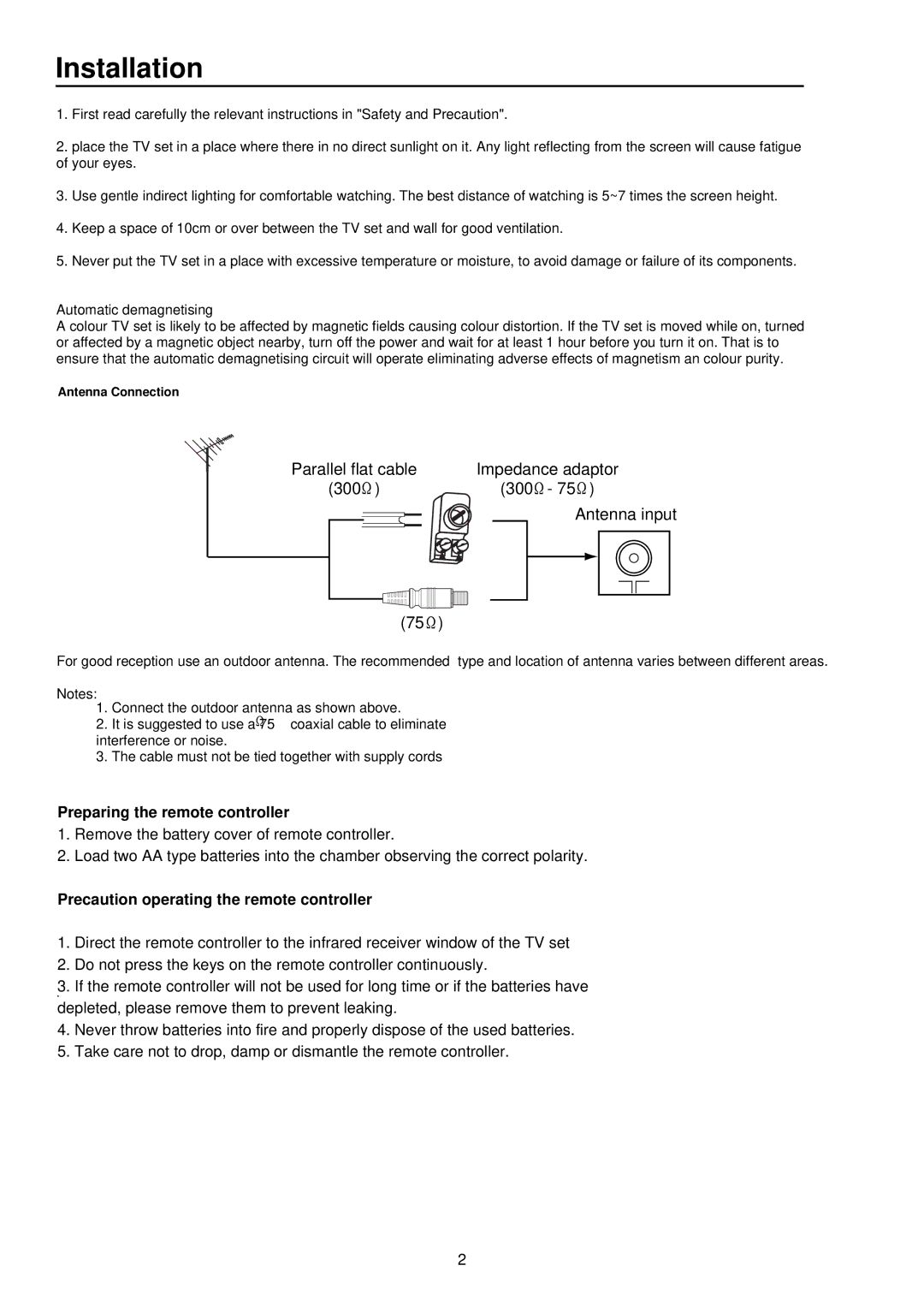 Palsonic 5115DVD user manual Installation, Parallel flat cable Impedance adaptor 300 Antenna input 