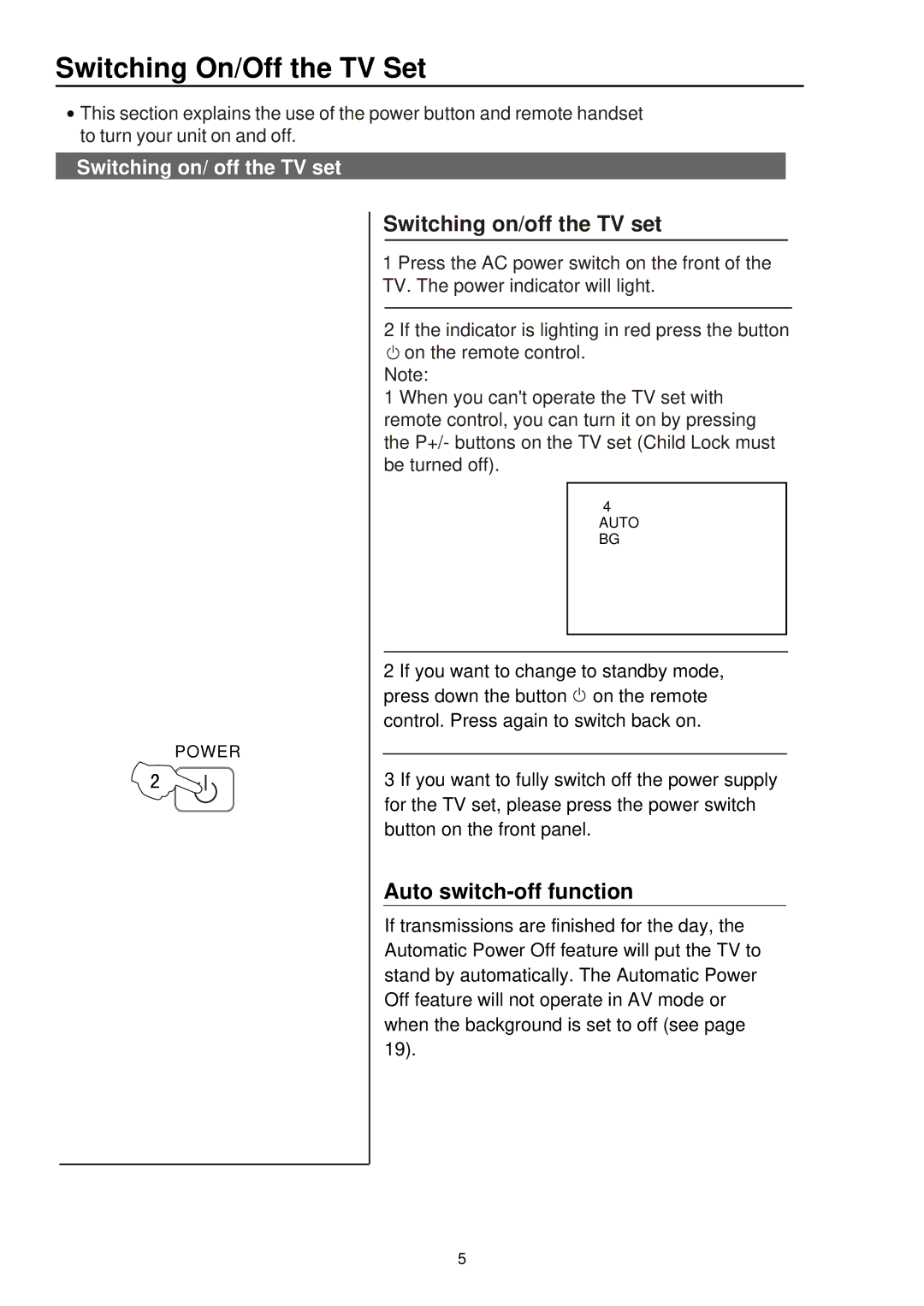 Palsonic 5115DVD user manual Switching On/Off the TV Set, Switching on/ off the TV set 