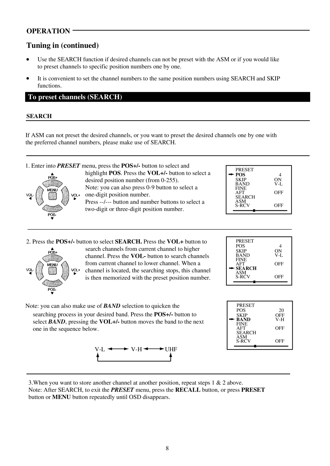 Palsonic 5120B, 5120S, 5120G owner manual To preset channels Search 