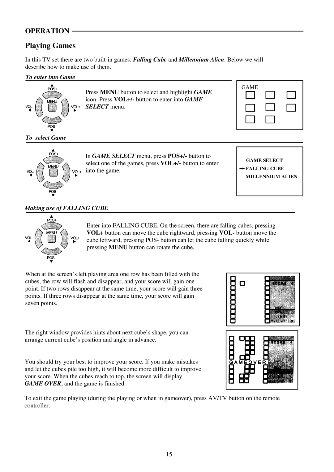 Palsonic 5120G, 5120S, 5120B owner manual Playing Games, To enter into Game, To select Game, Making use of Falling Cube 