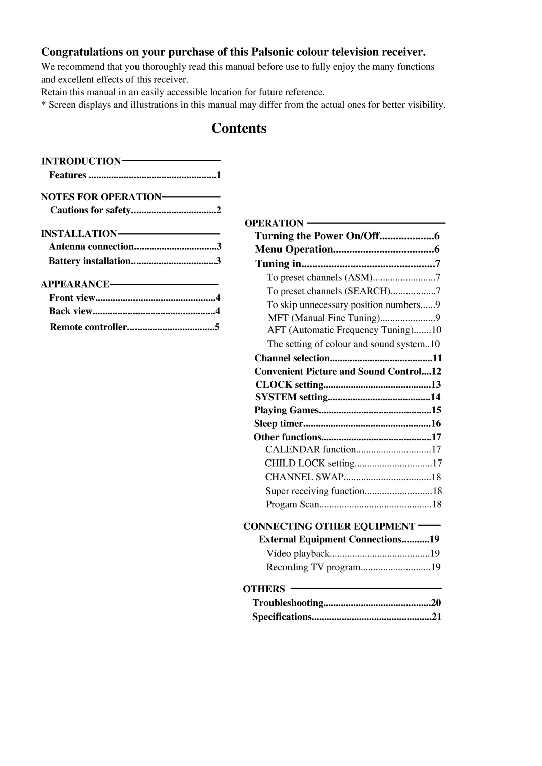 Palsonic 5120G, 5120S, 5120B owner manual Contents 