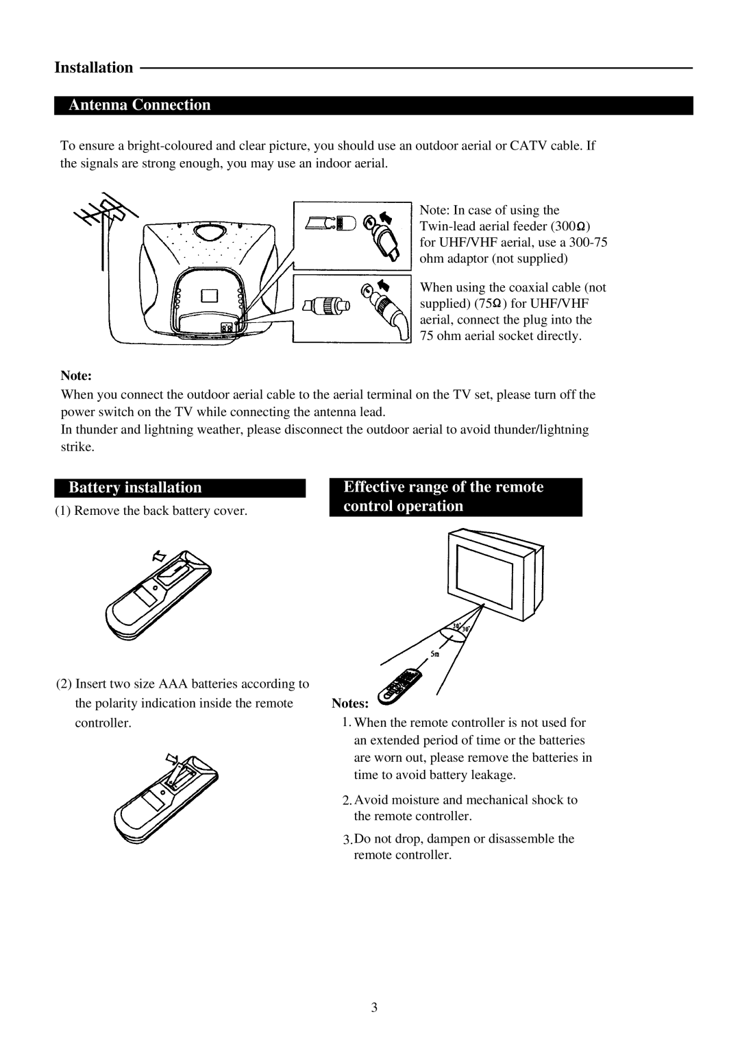 Palsonic 5120G, 5120S, 5120B Antenna Connection, Battery installation, Effective range of the remote control operation 