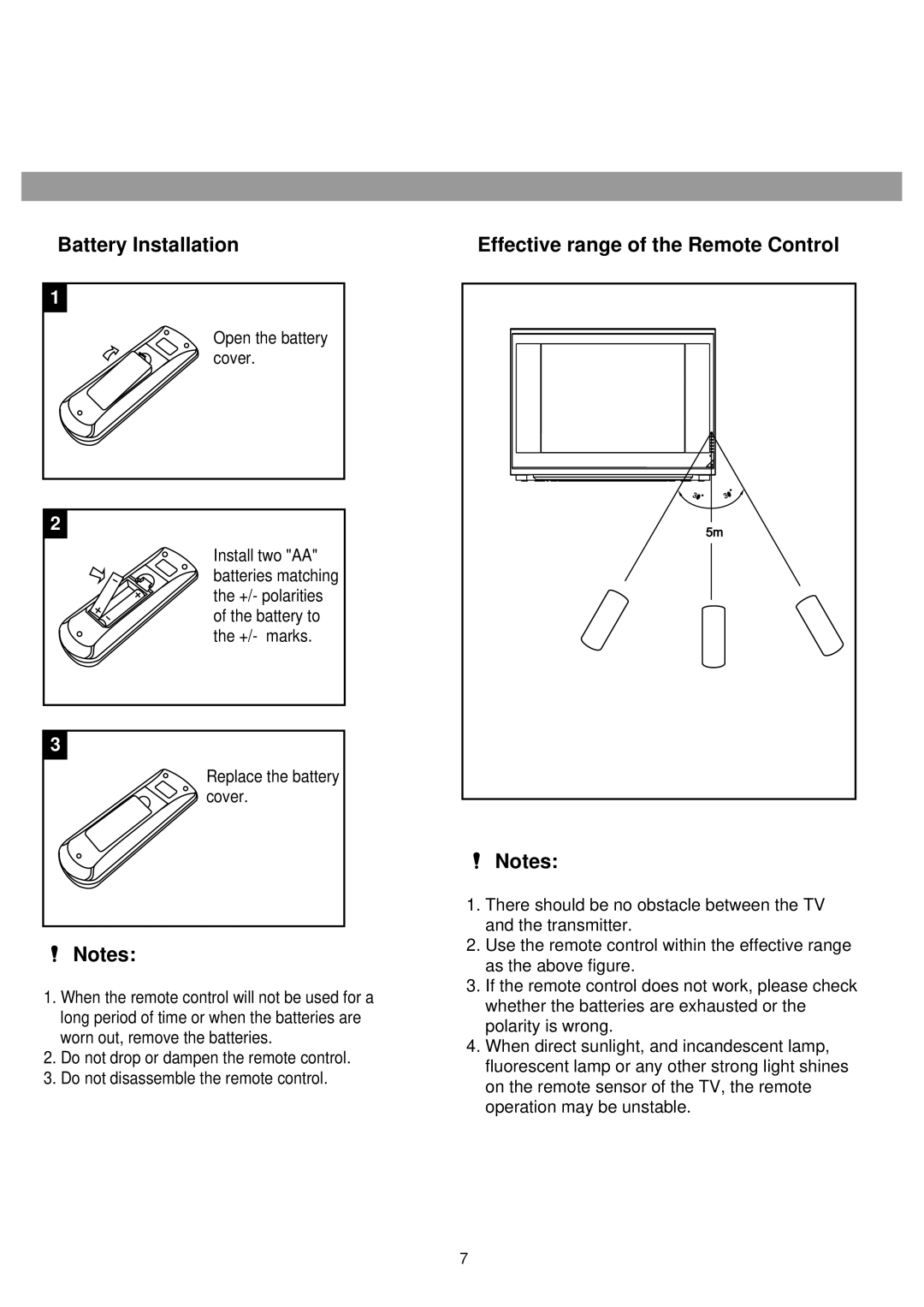 Palsonic 5125PF owner manual Battery Installation Effective range of the Remote Control 