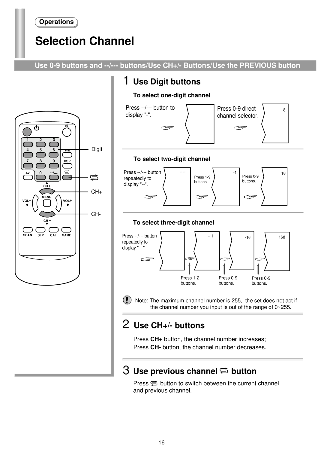 Palsonic 5125PF owner manual Selection Channel, Use Digit buttons 