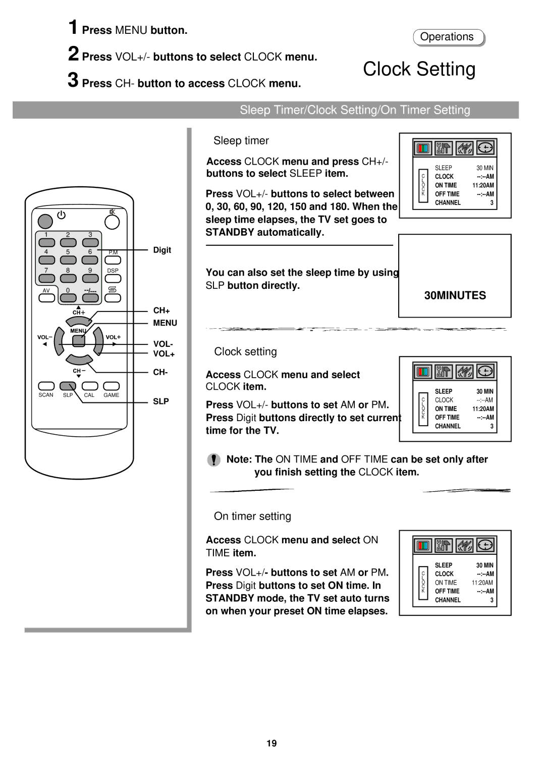 Palsonic 5125PF owner manual Sleep Timer/Clock Setting/On Timer Setting, Sleep timer, Clock setting, On timer setting 