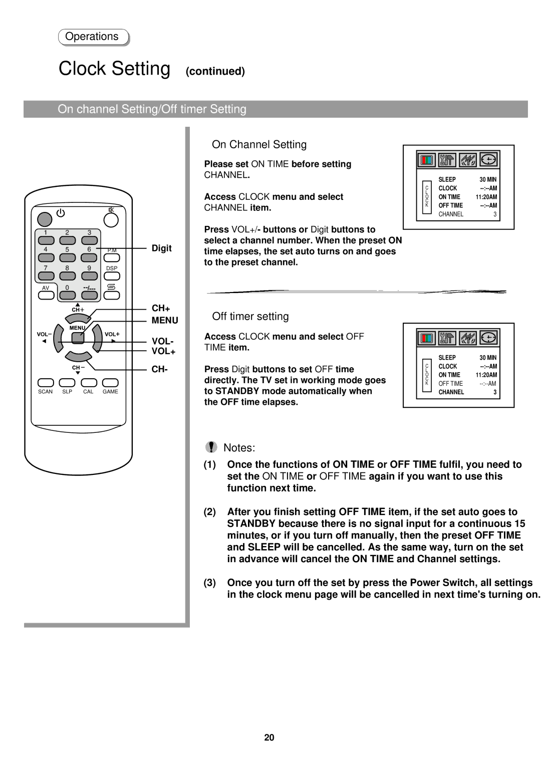 Palsonic 5125PF owner manual Clock Setting, On channel Setting/Off timer Setting, On Channel Setting, Off timer setting 