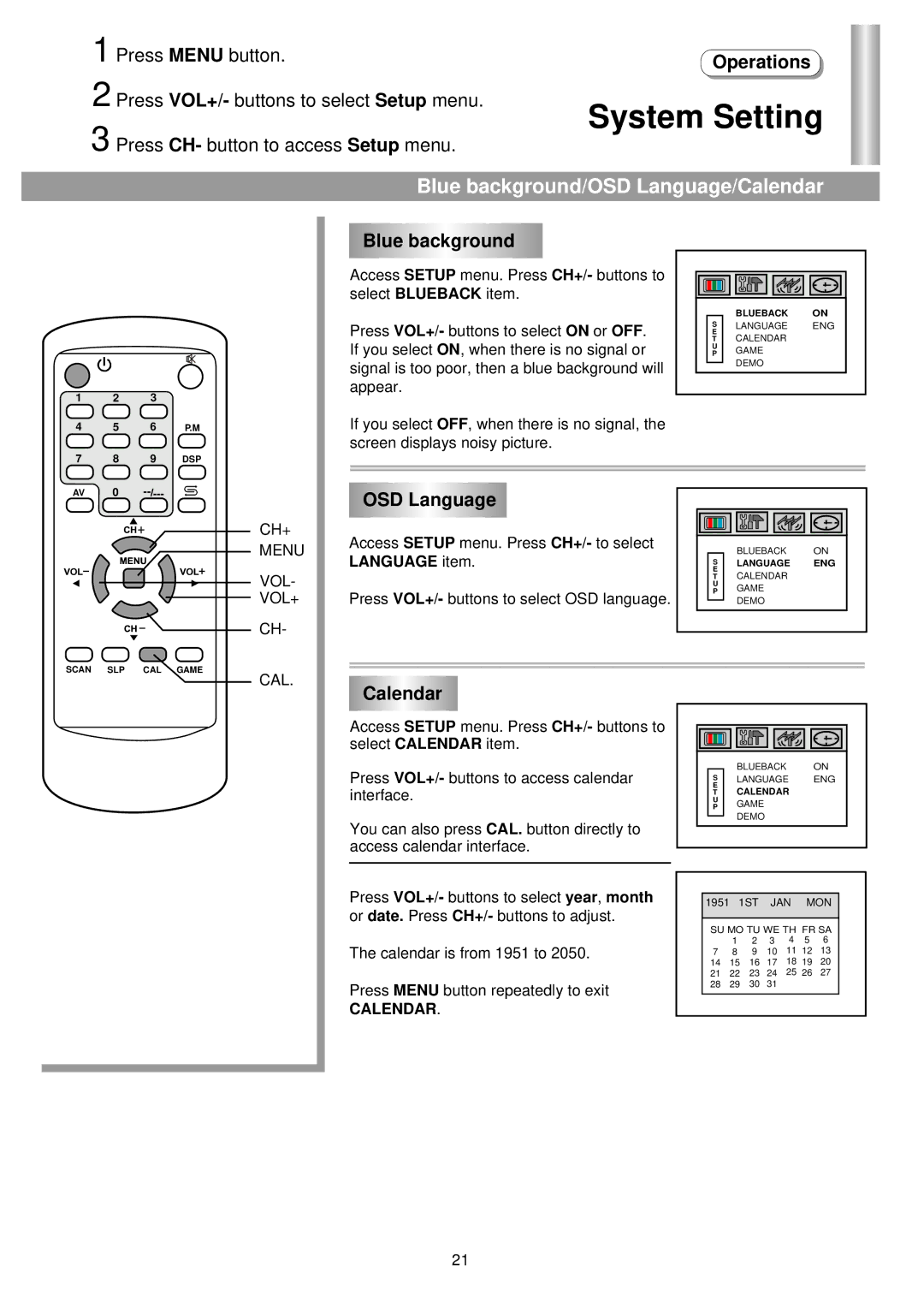 Palsonic 5125PF owner manual Blue background/OSD Language/Calendar 