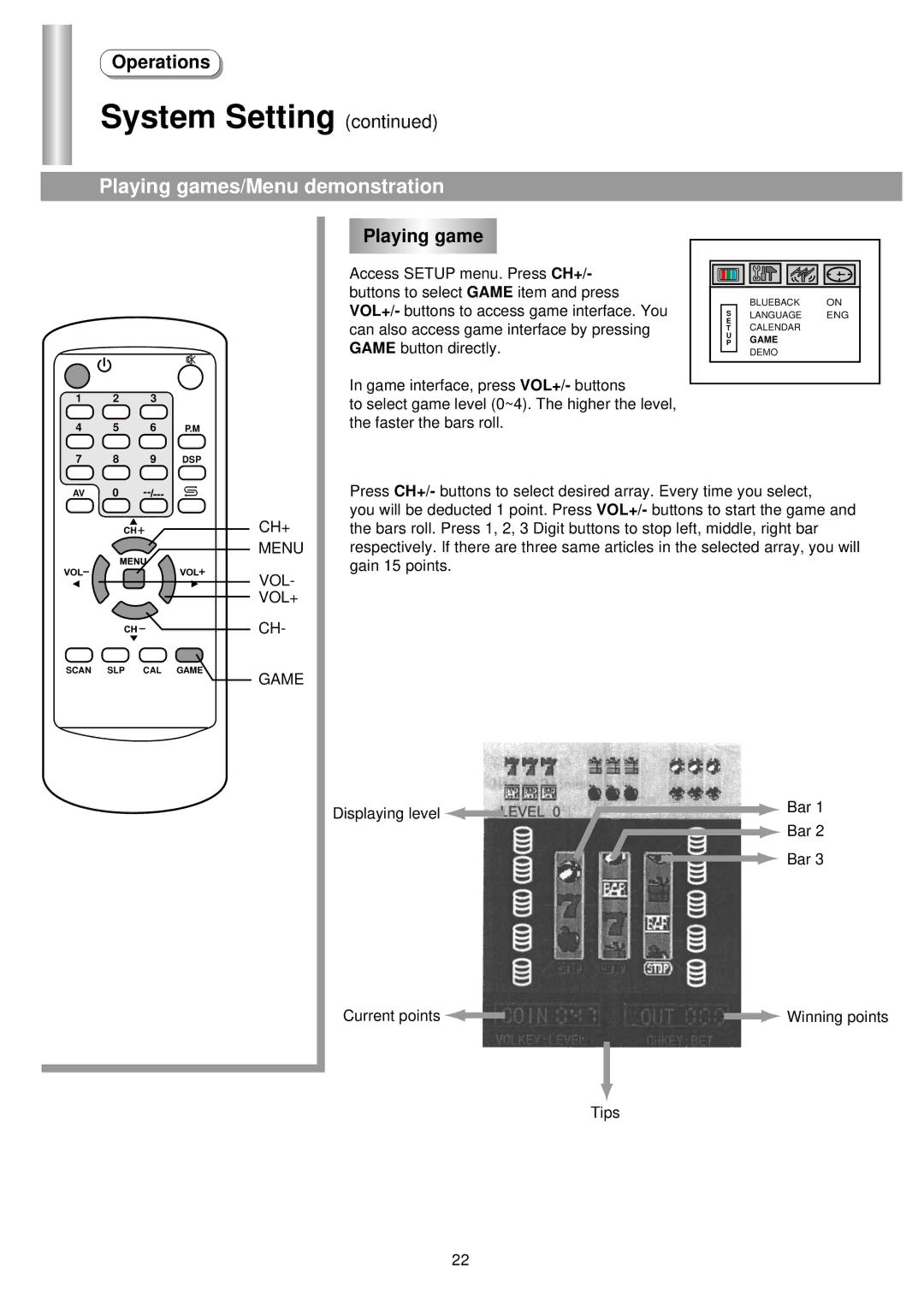 Palsonic 5125PF owner manual System Setting, Playing games/Menu demonstration 