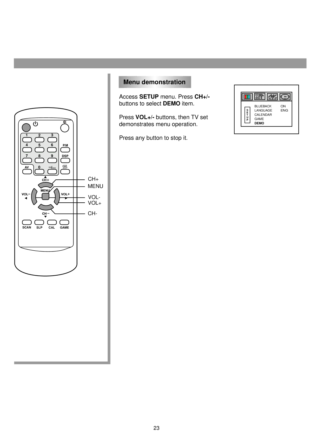 Palsonic 5125PF owner manual Menu demonstration 