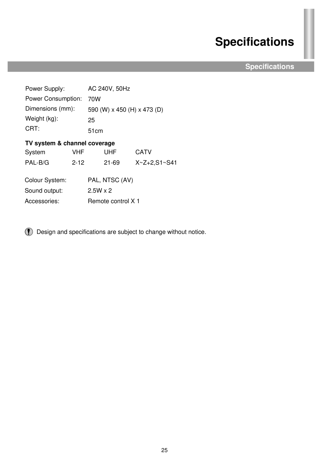 Palsonic 5125PF owner manual Specifications 