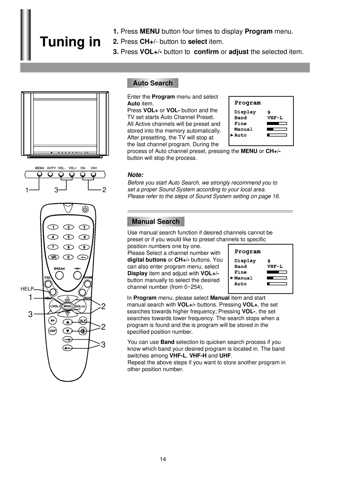 Palsonic 5130G owner manual Tuning, Auto Search, Manual Search 