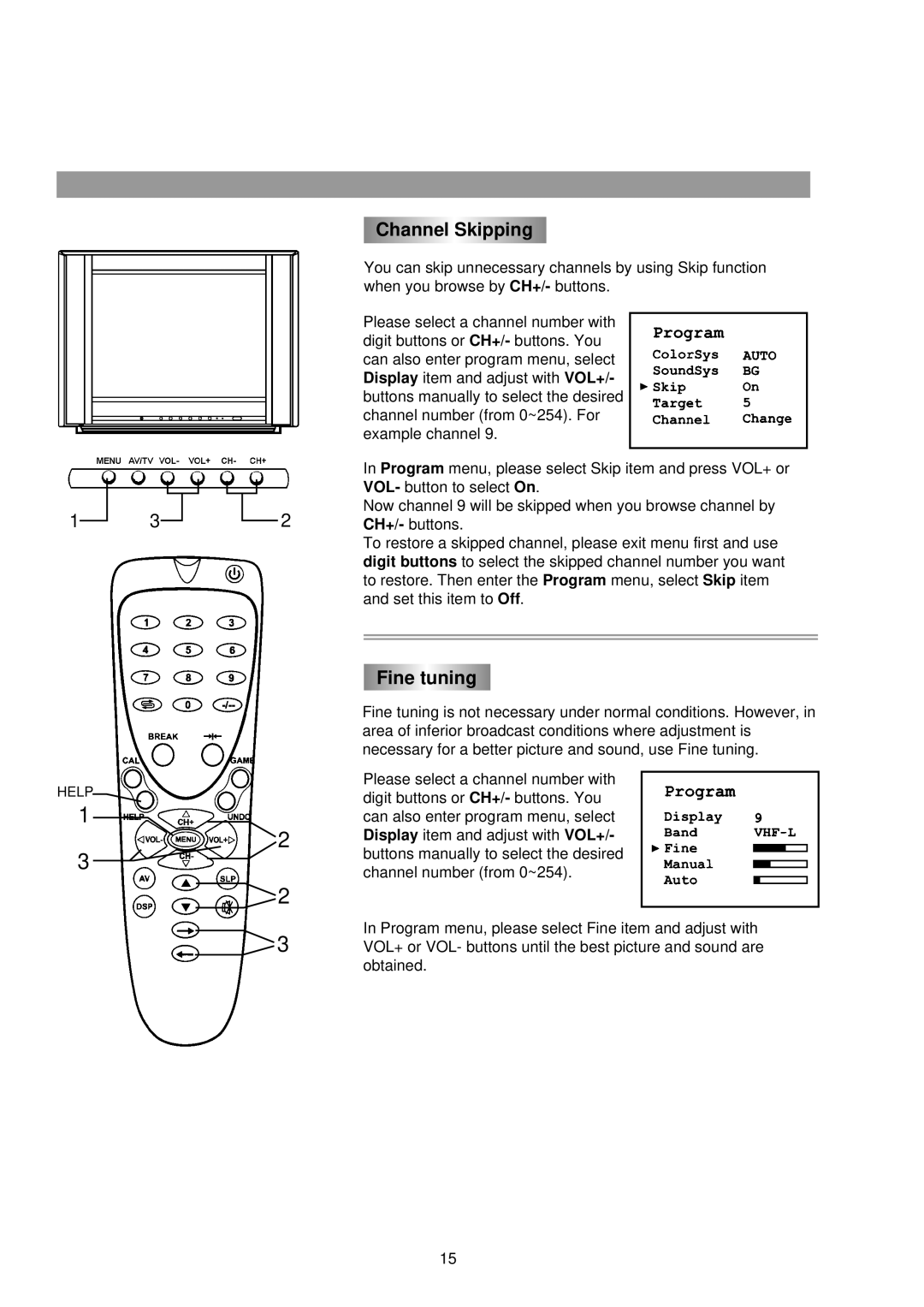 Palsonic 5130G owner manual Channel Skipping, Fine tuning 