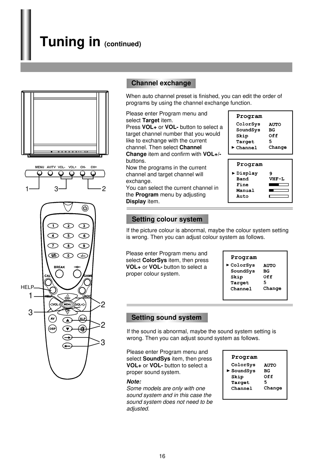 Palsonic 5130G owner manual Tuning Channel exchange, Setting colour system, Setting sound system 