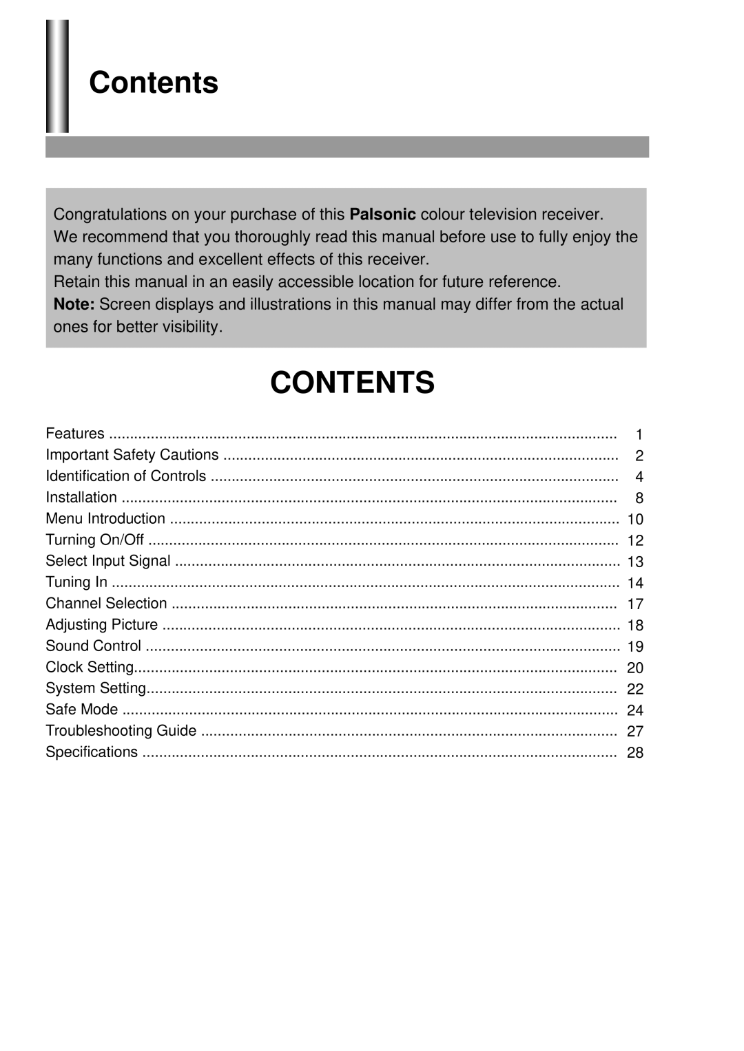 Palsonic 5130G owner manual Contents 