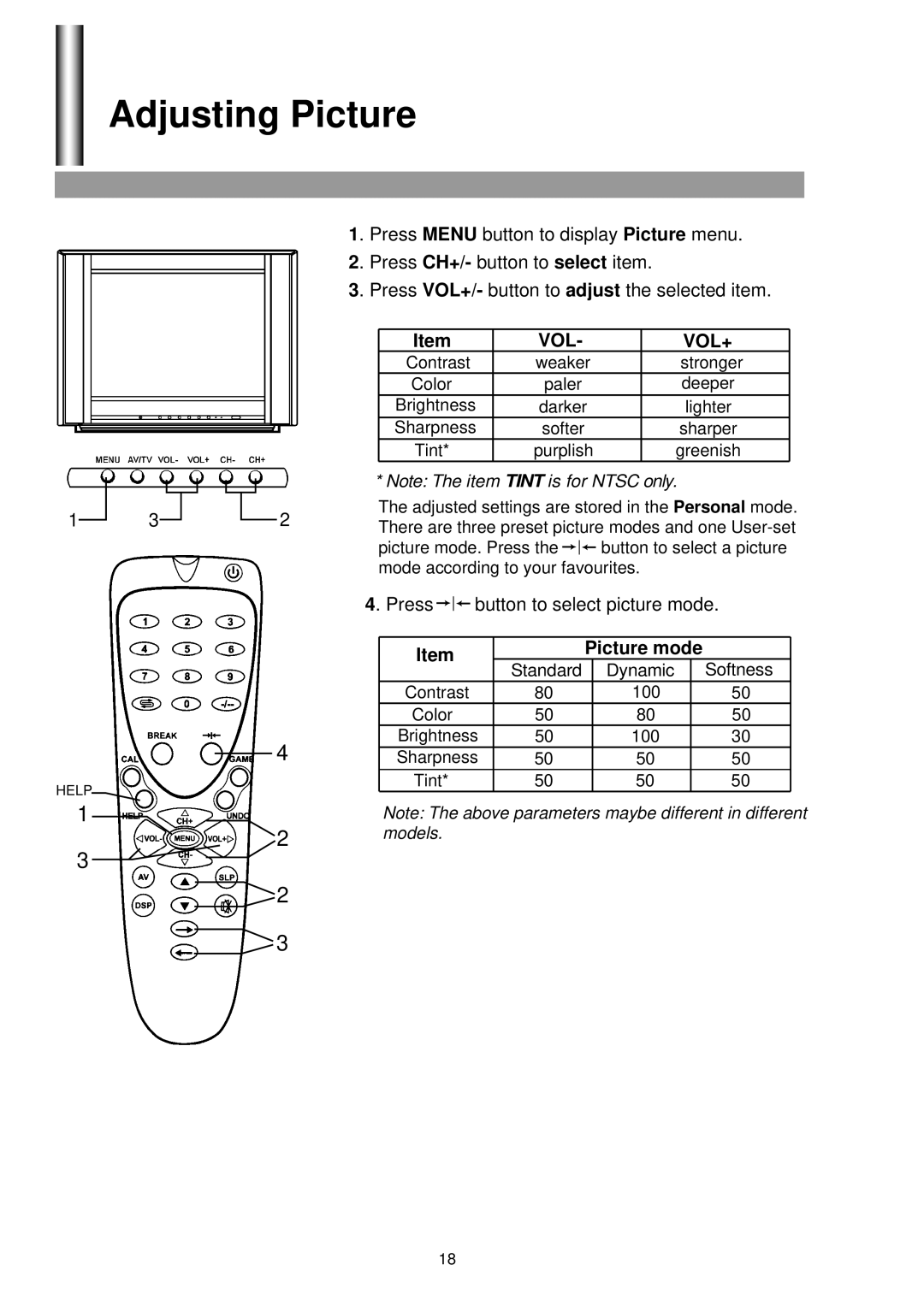 Palsonic 5130G owner manual Adjusting Picture, Picture mode 