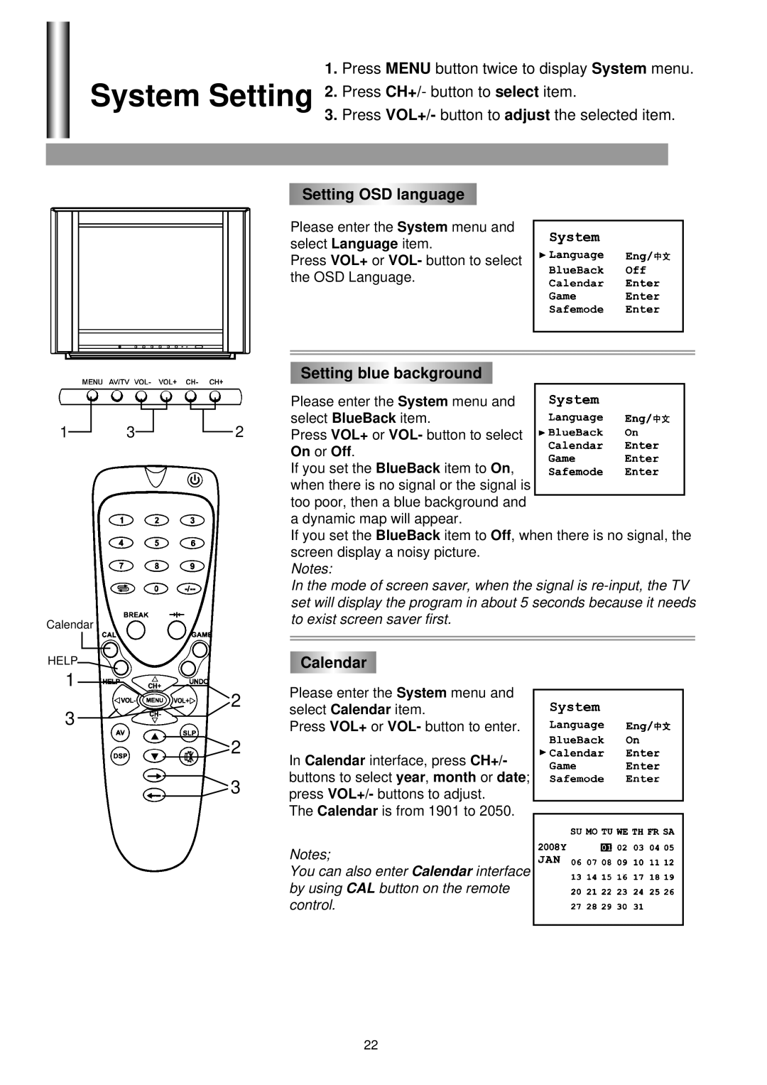 Palsonic 5130G owner manual Setting OSD language, Setting blue background, Calendar 