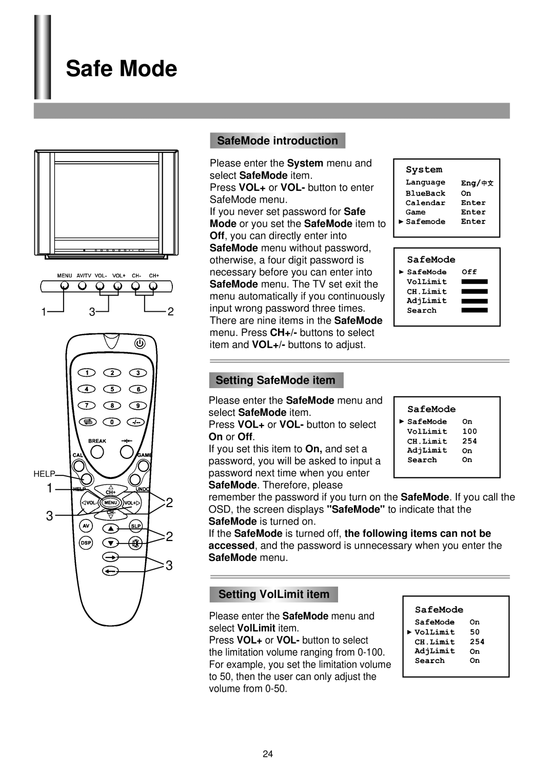 Palsonic 5130G owner manual Safe Mode, SafeMode introduction, Setting SafeMode item, Setting VolLimit item 