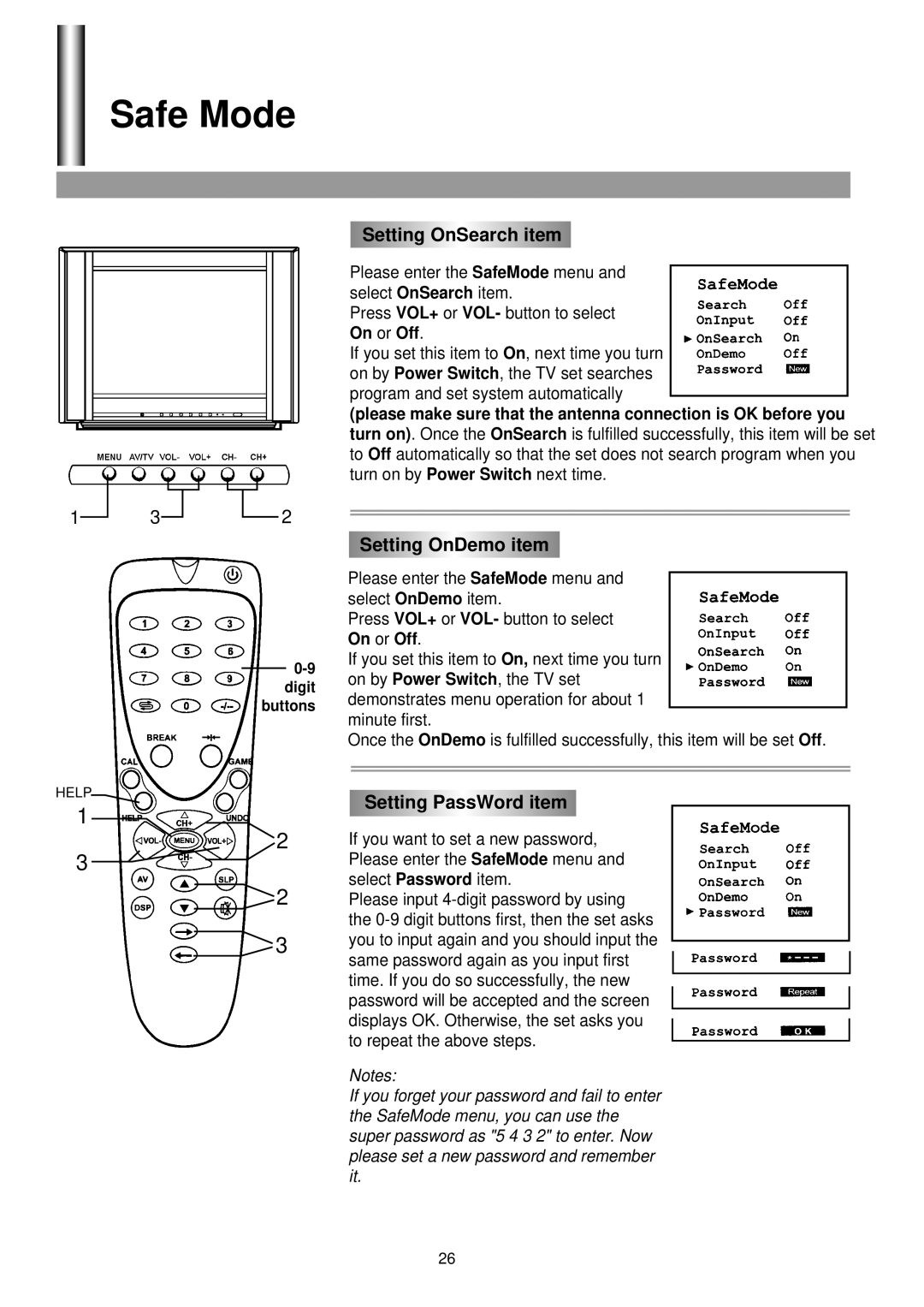 Palsonic 5130G owner manual Setting OnSearch item, Setting OnDemo item, Setting PassWord item 