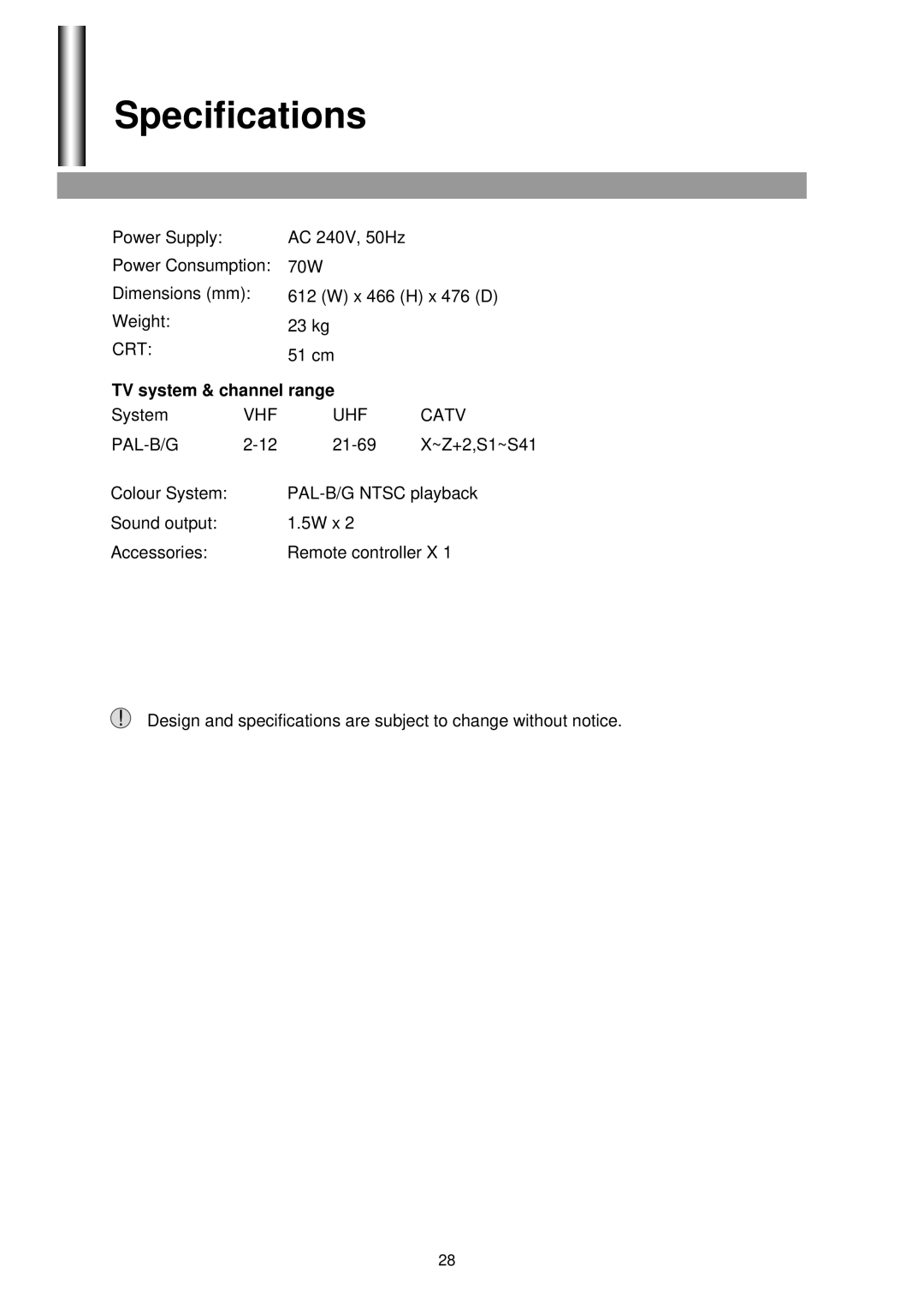 Palsonic 5130G owner manual Specifications, TV system & channel range 