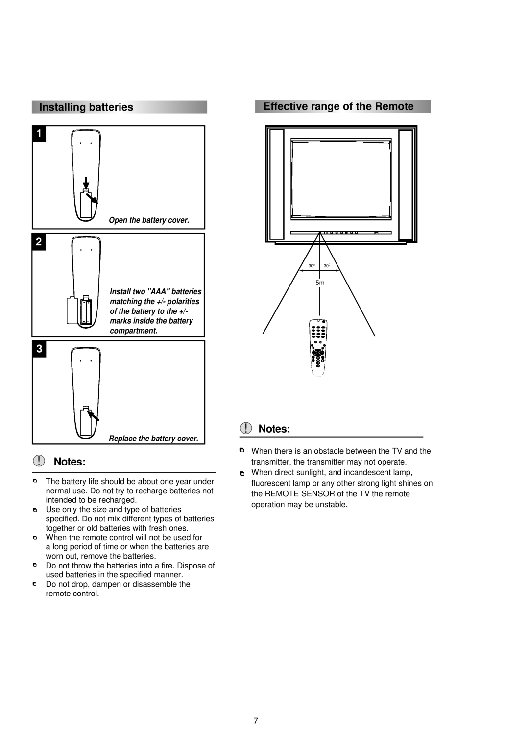 Palsonic 5130G owner manual Installing batteries Effective range of the Remote, Open the battery cover 