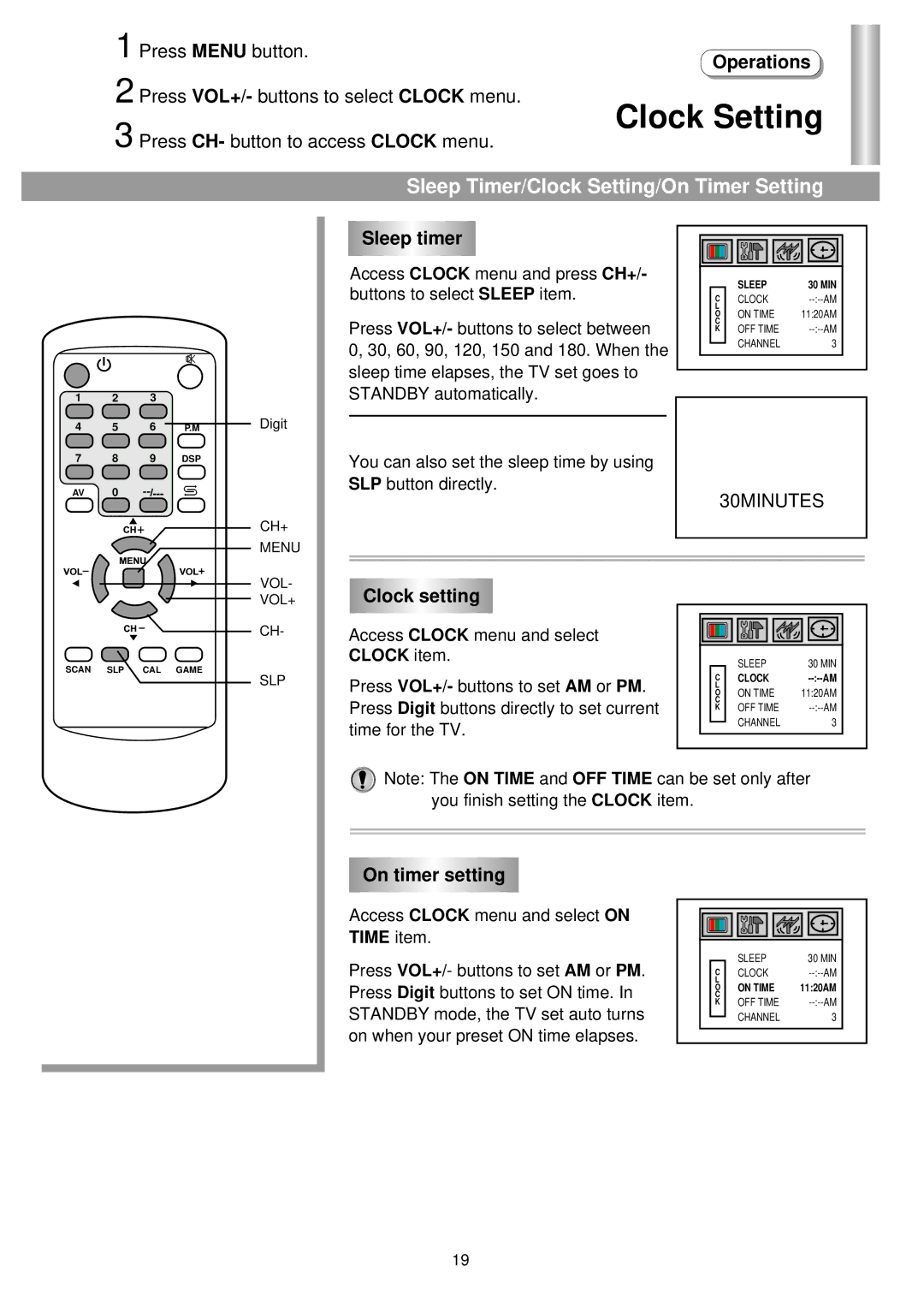 Palsonic 5130GM owner manual Sleep Timer/Clock Setting/On Timer Setting, Sleep timer, Clock setting, On timer setting 