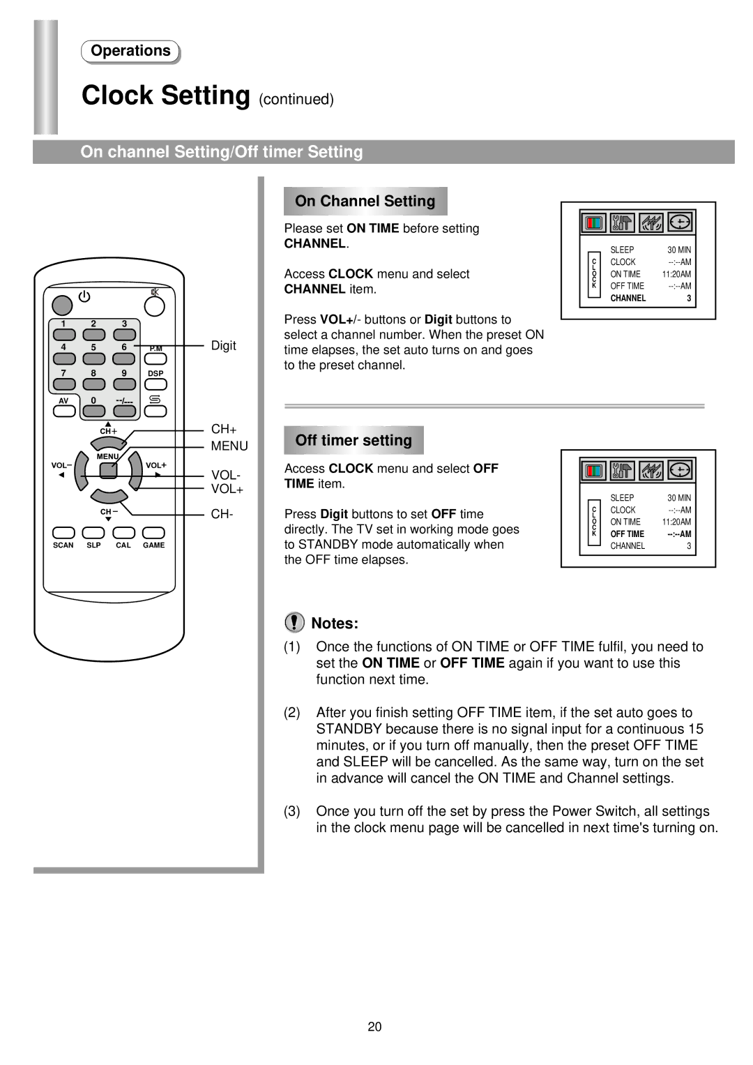 Palsonic 5130GM owner manual Clock Setting, On channel Setting/Off timer Setting, On Channel Setting, Off timer setting 