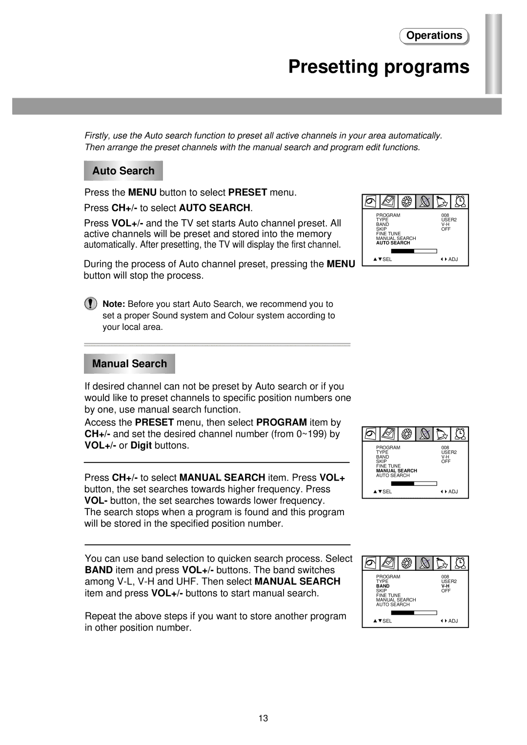 Palsonic 5130TS owner manual Presetting programs, Auto Search, Manual Search 