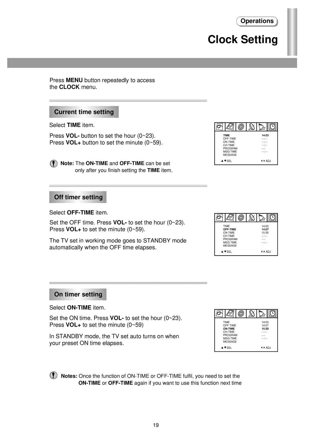 Palsonic 5130TS owner manual Clock Setting, Current time setting, Off timer setting, On timer setting 