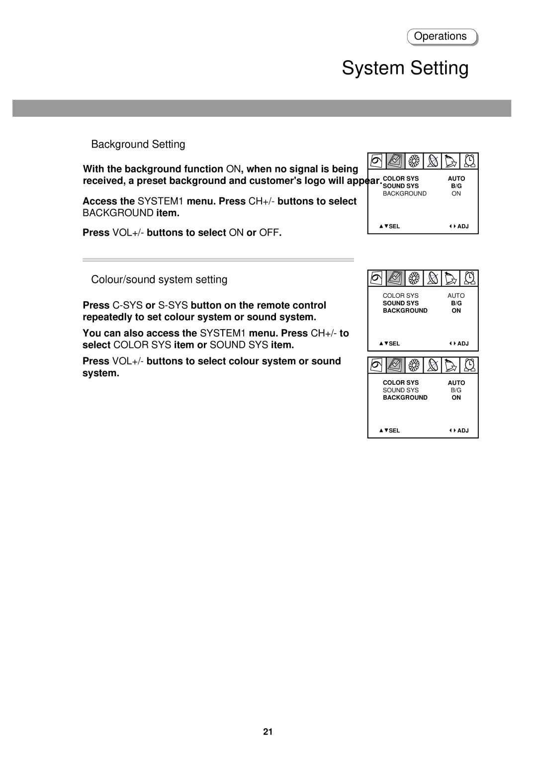 Palsonic 5130TS owner manual System Setting, Background Setting, Colour/sound system setting 