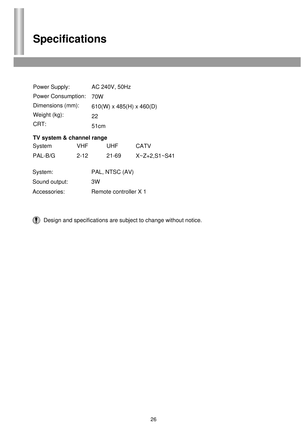 Palsonic 5130TS owner manual Specifications, TV system & channel range 