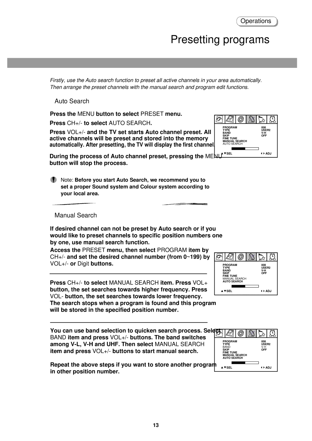 Palsonic 5138HT owner manual Presetting programs, Auto Search, Manual Search 