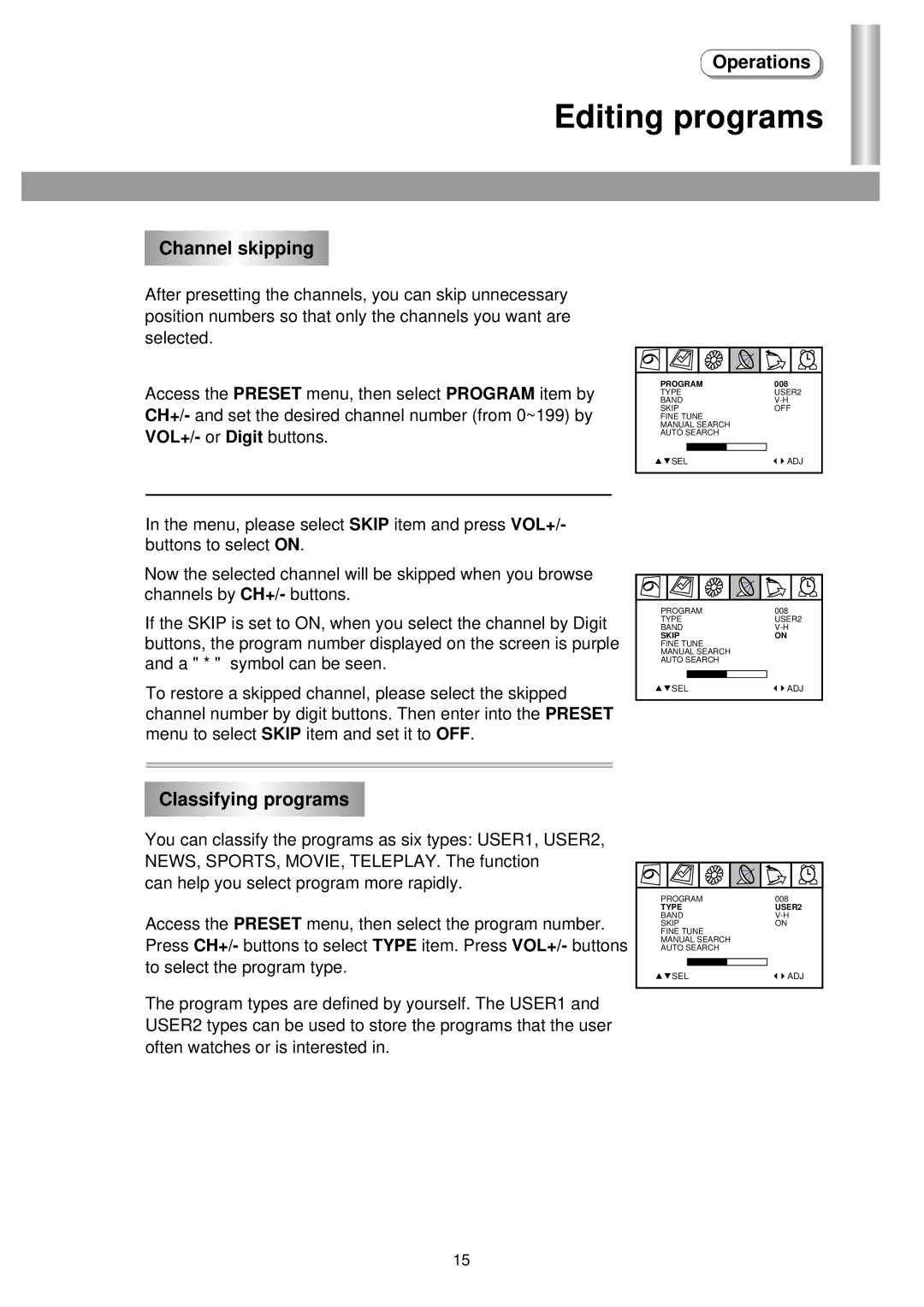 Palsonic 5138HT owner manual Editing programs, Channel skipping, Classifying programs 