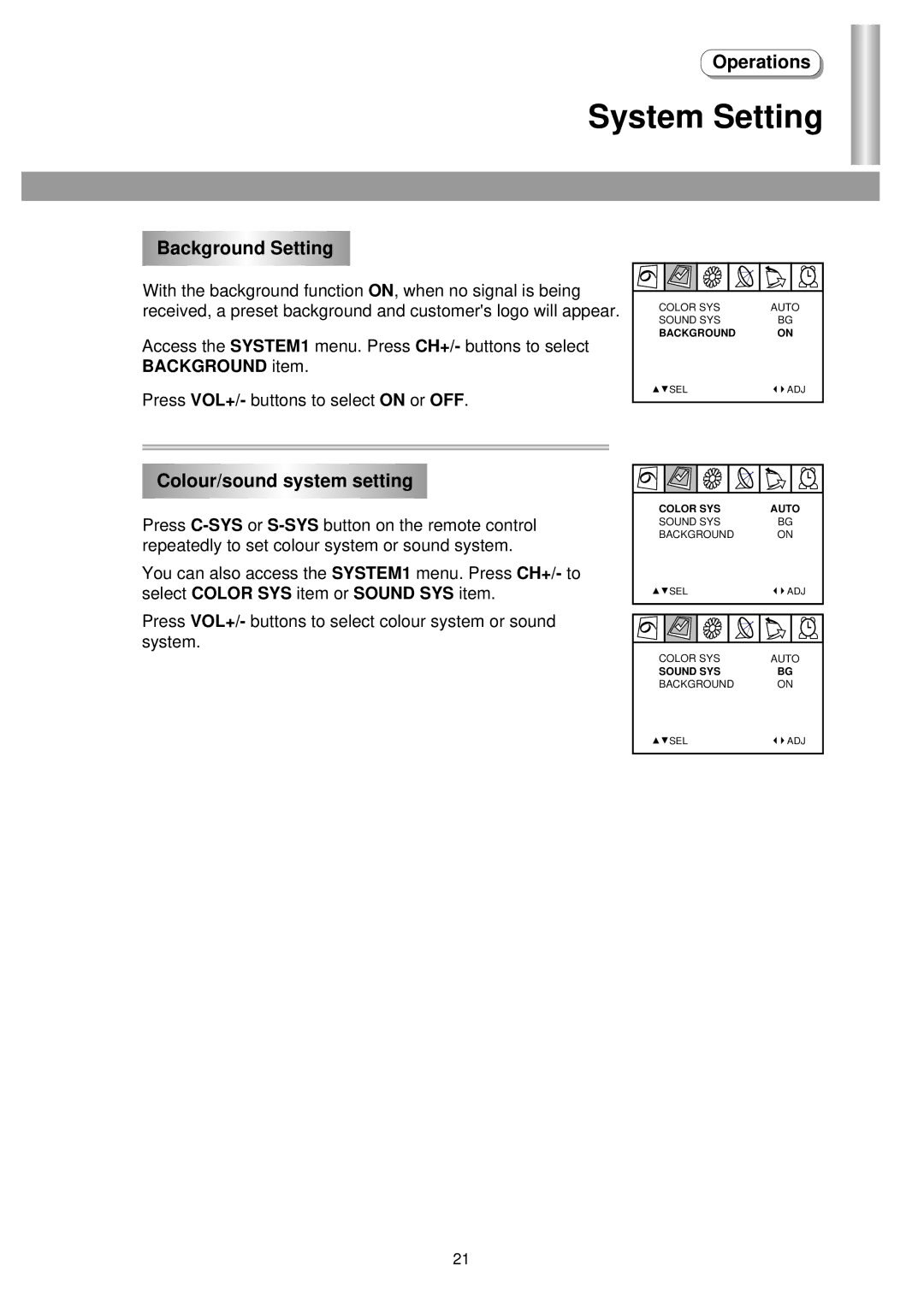 Palsonic 5138HT owner manual System Setting, Background Setting, Colour/sound system setting 