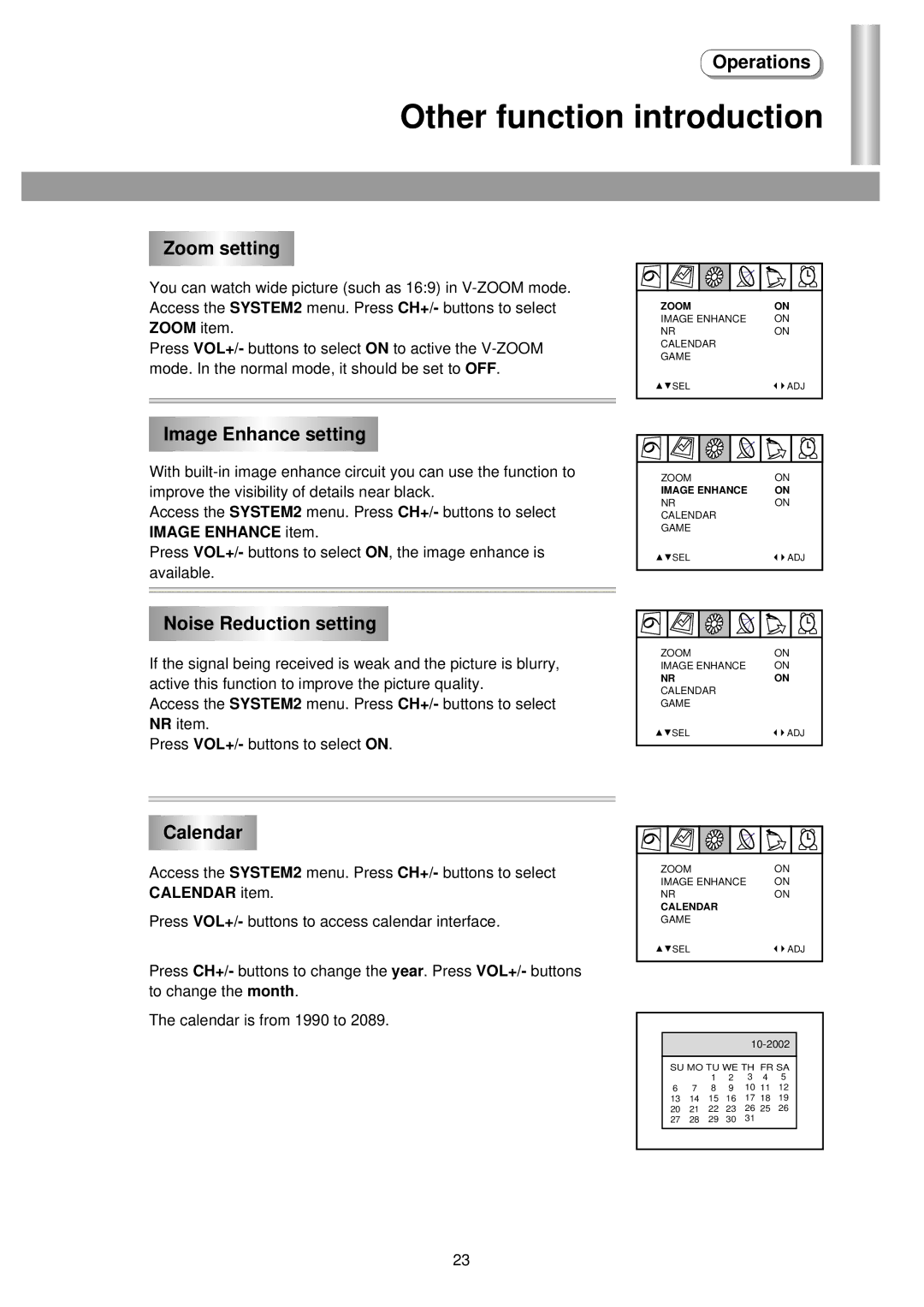 Palsonic 5138HT Other function introduction, Zoom setting, Image Enhance setting, Noise Reduction setting, Calendar 