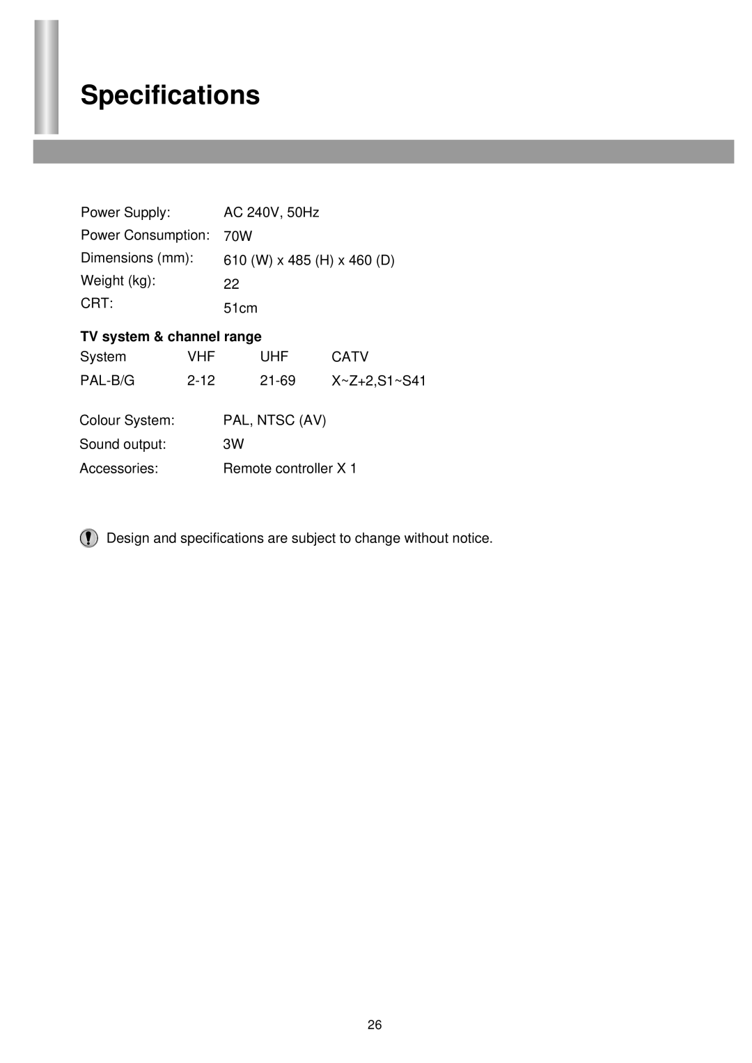 Palsonic 5138HT owner manual Specifications, TV system & channel range 