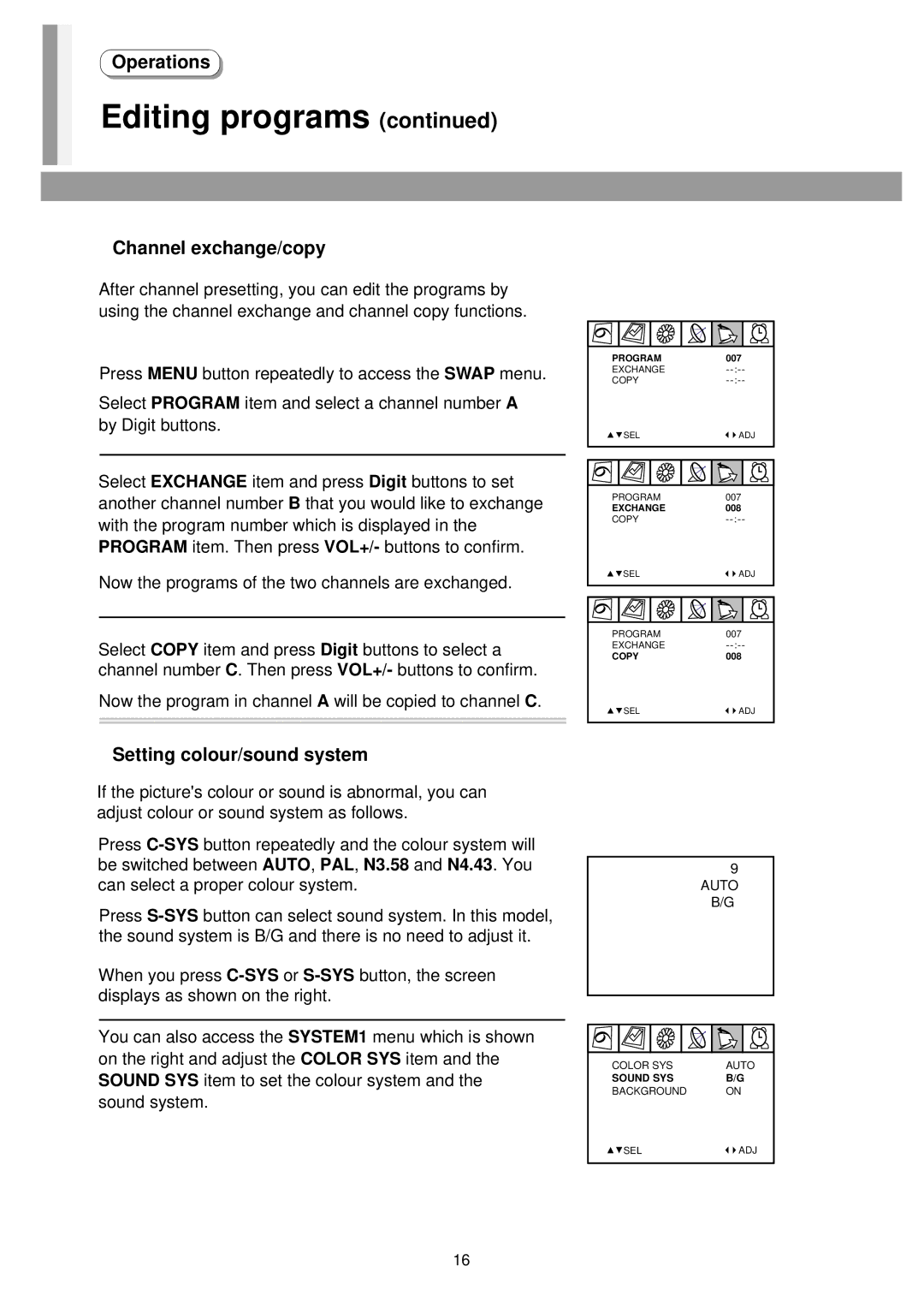 Palsonic 5140TS owner manual Channel exchange/copy, Setting colour/sound system 