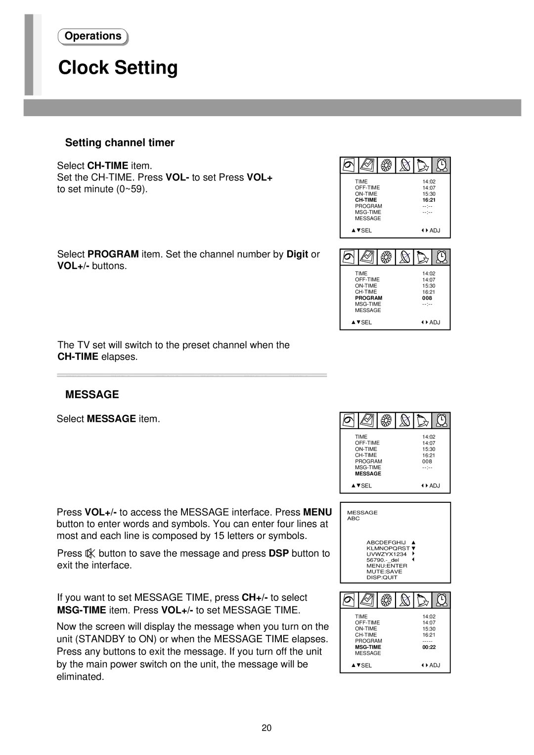 Palsonic 5140TS owner manual Setting channel timer, Message 