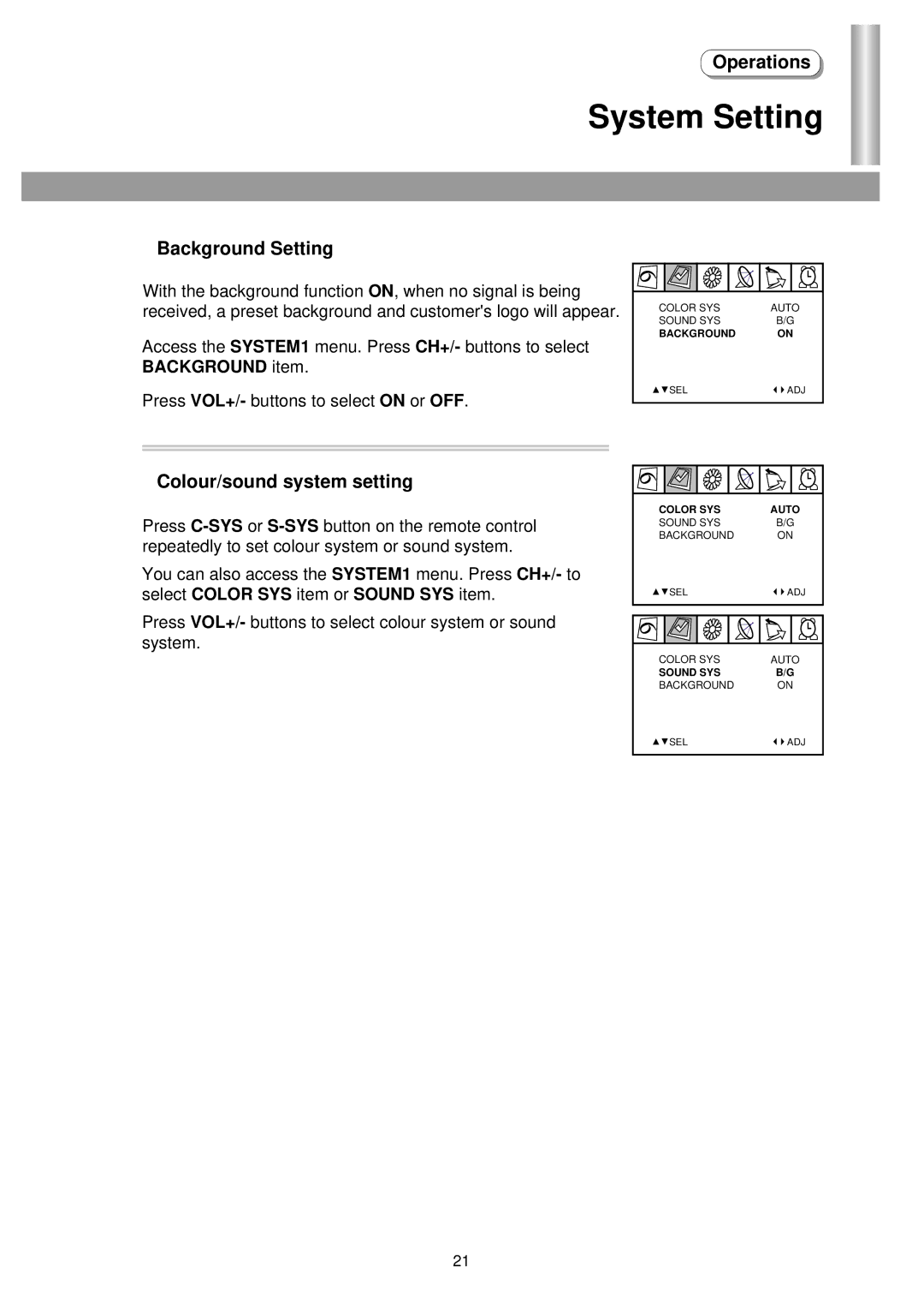 Palsonic 5140TS owner manual System Setting, Background Setting, Colour/sound system setting 