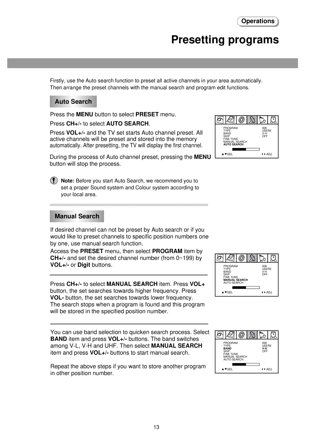 Palsonic 5145PF owner manual Presetting programs, Auto Search, Manual Search 