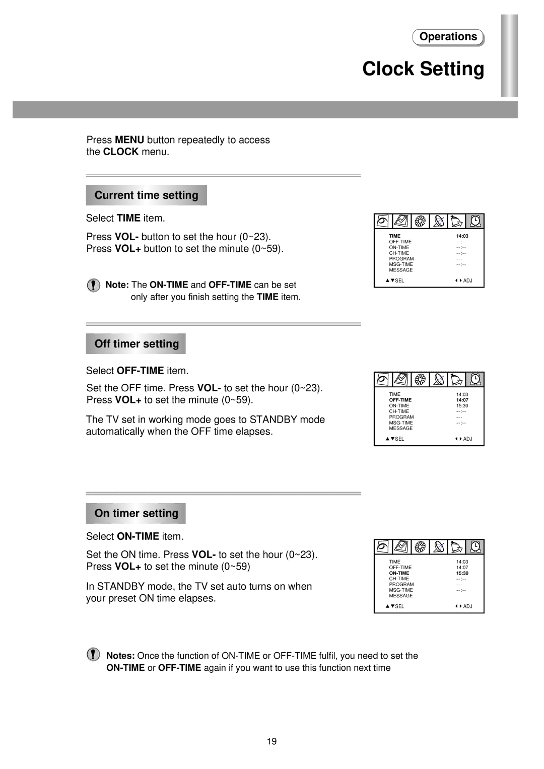 Palsonic 5145PF owner manual Clock Setting, Current time setting, Off timer setting, On timer setting 