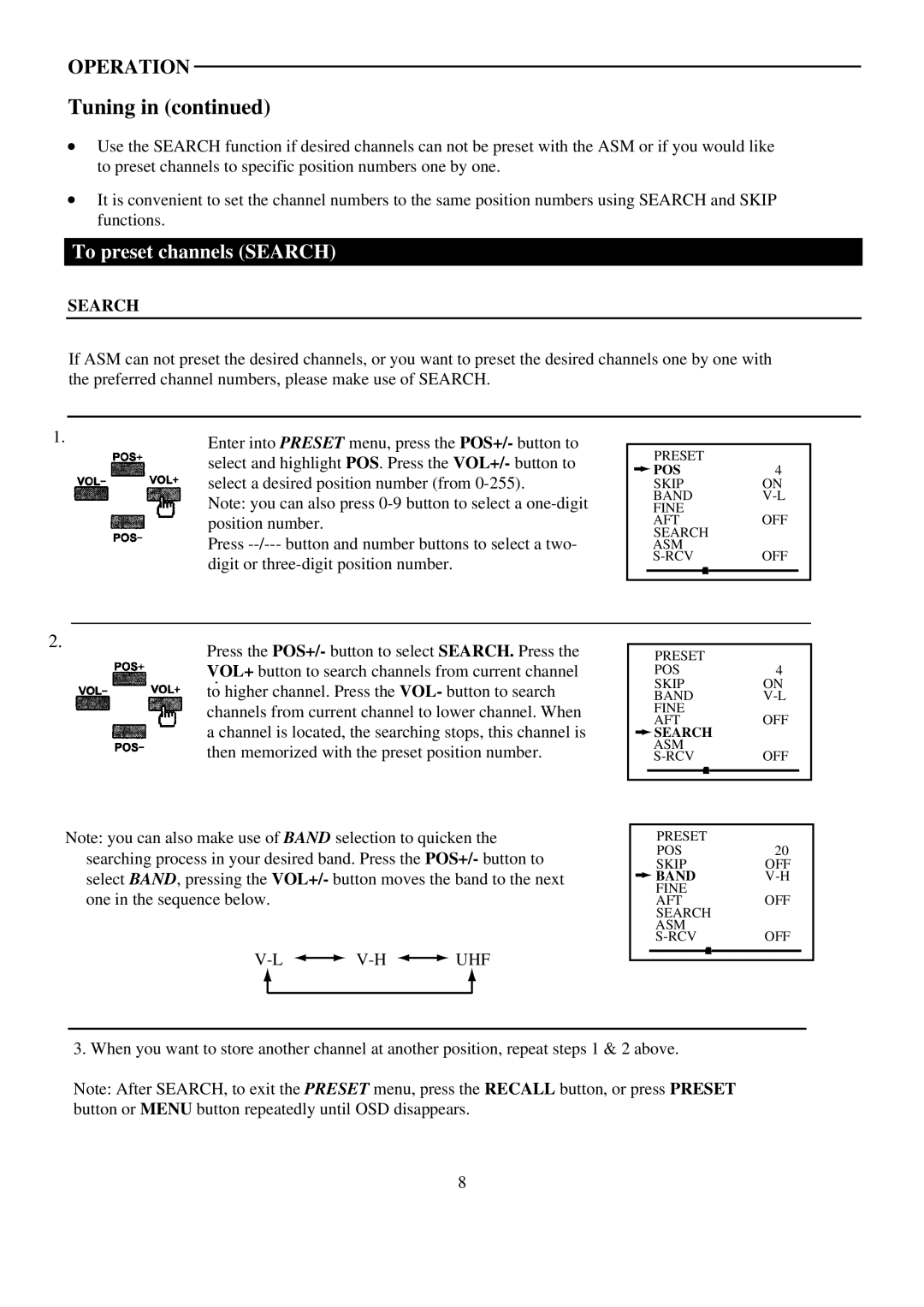 Palsonic 5159G owner manual To preset channels Search 