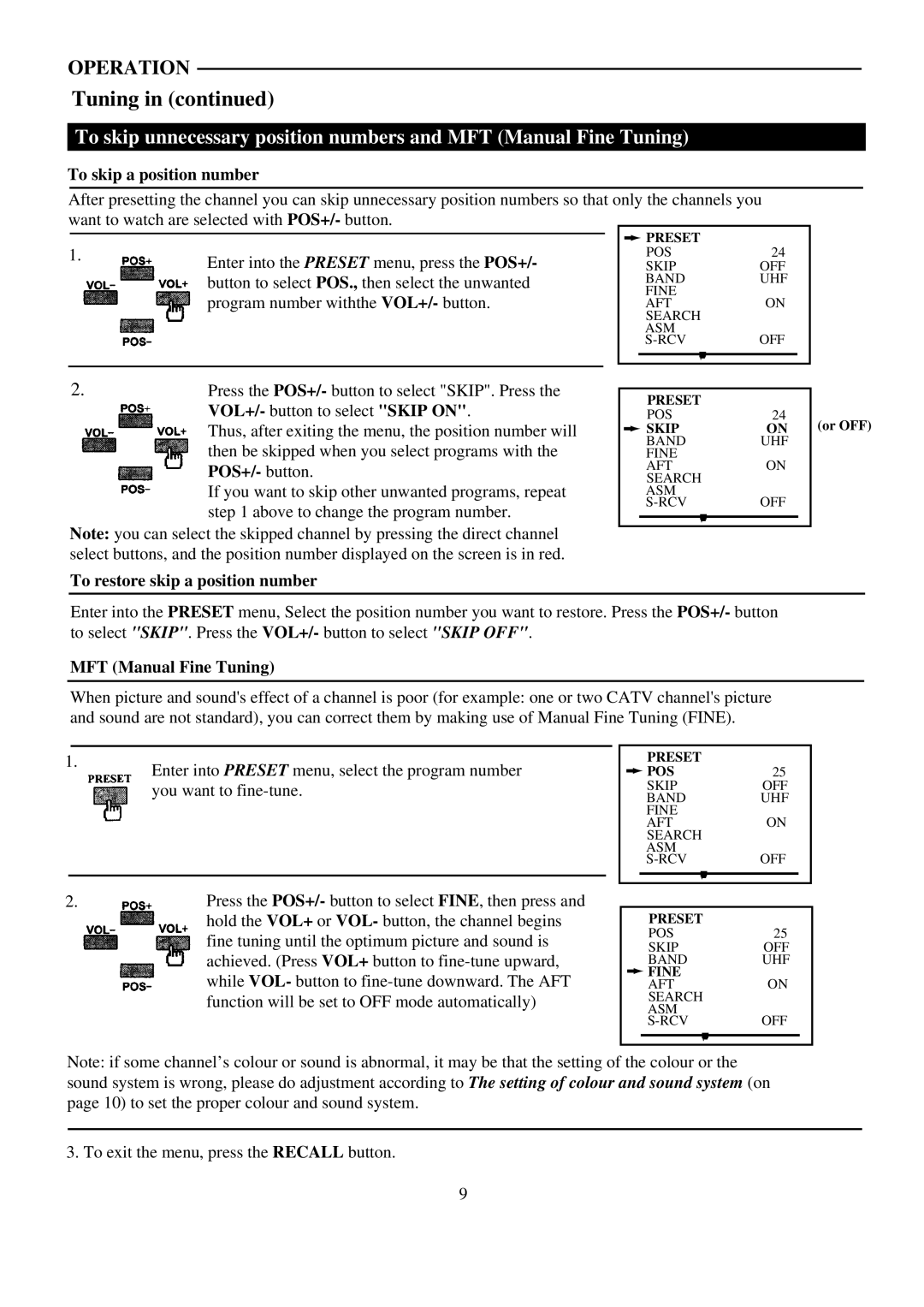 Palsonic 5159G To skip a position number, POS+/- button, To restore skip a position number, MFT Manual Fine Tuning 